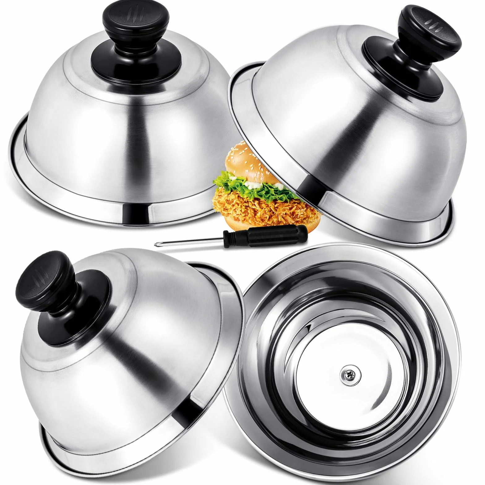 4 Pezzi 16 x 6,6 cm, Campana per Hamburger, in Acciaio Inox, per Barbecue, Cucina, Bistecca, Barbecue e teppanyaki, Lavabile in lavastoviglie