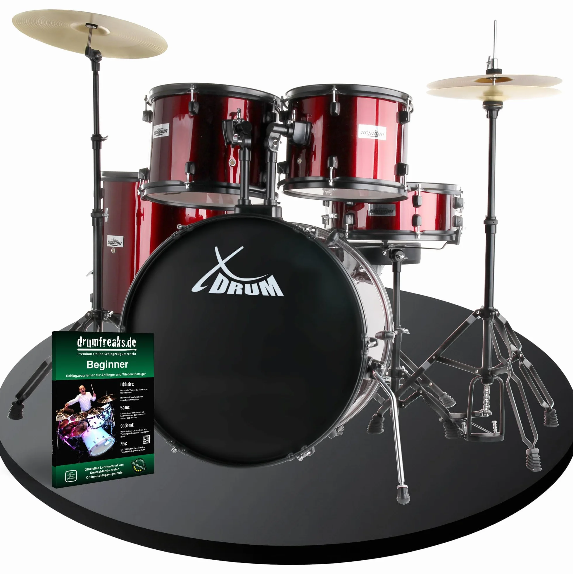 XDrum Rookie 22" Standard Set Batteria Completa Ruby Red - Ideale per Principianti - Hardware Elegante in nero - Incl. Bacchette 5B, Istruzioni di Montaggio e Scuola di Batteria - Rosso