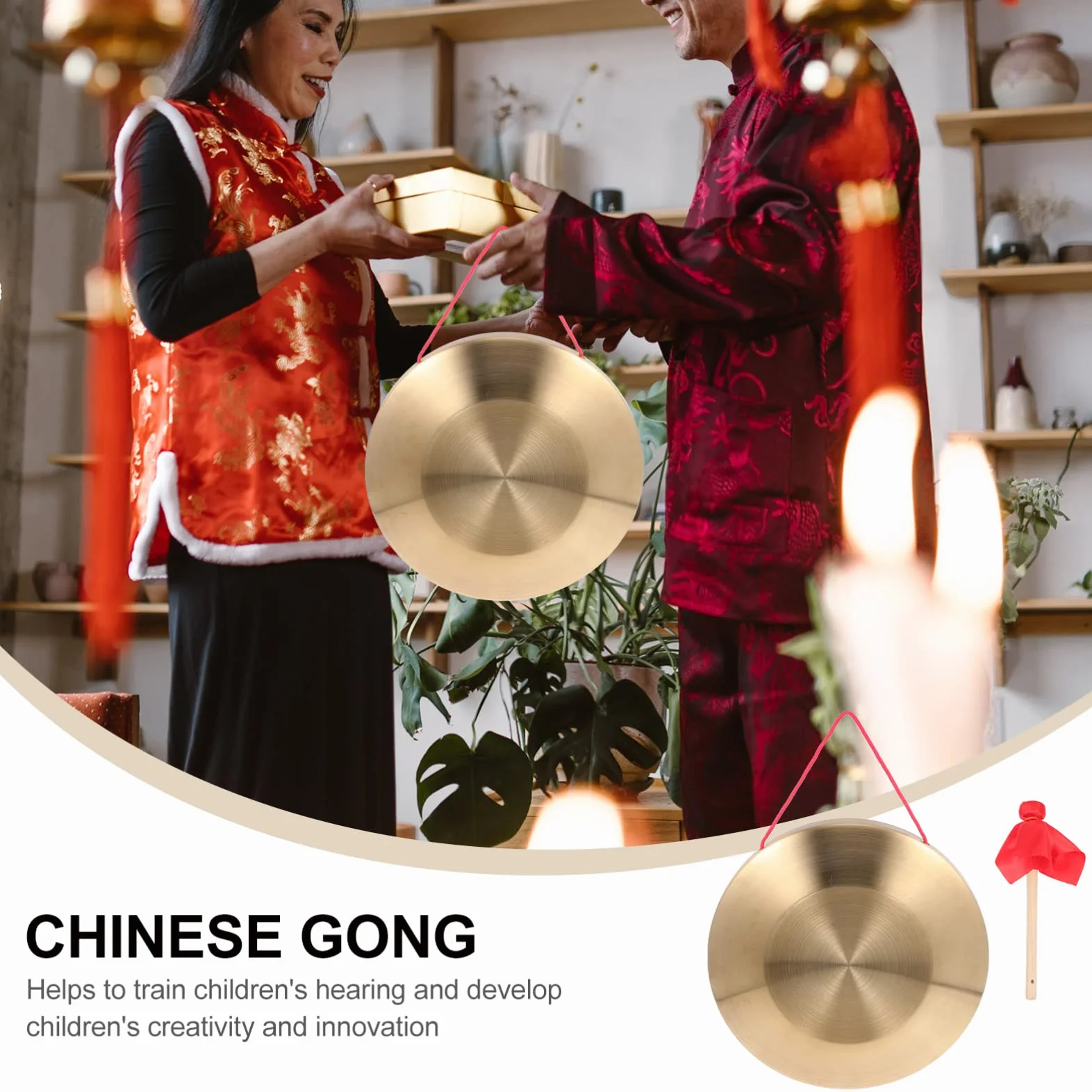 Generic - Gong con mazzuola 32 cm Tam Gong tradizionale cinese percussione, strumento in rame decorativo, per la casa, l'ufficio