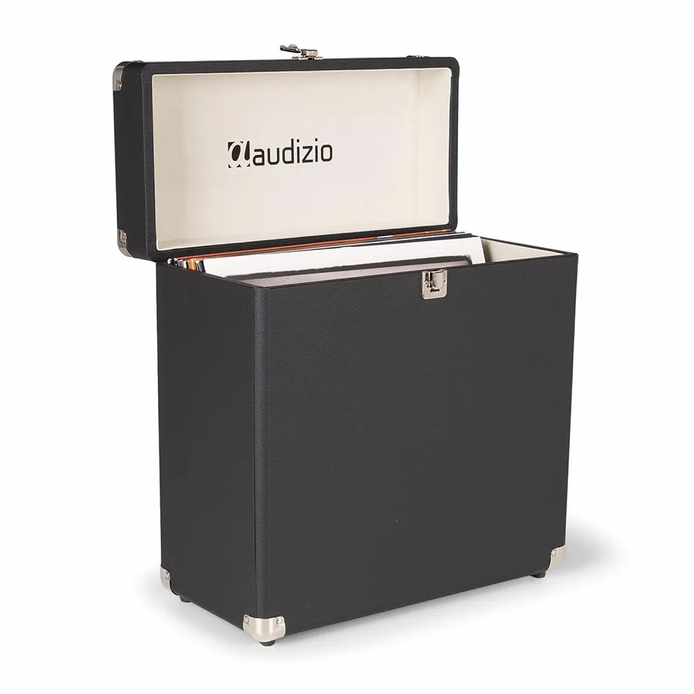 RC32 - Custodia per dischi in vinile, elegante e resistente, con morbida fodera in flanella, contiene 30-35 dischi, chiusura in metallo, cerniera e maniglia.