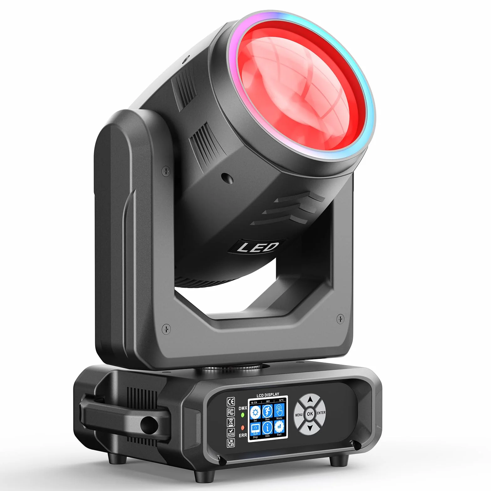 Teste Mobili LED Beam da 200W, Zoom Elettronico 18 Prismi 11+1 Colori e 14+1 Motivi Effetto di Atomizzazione LED RGB d-mx512 (16CH) per Palcoscenico Matrimoni DJ Feste e Natale