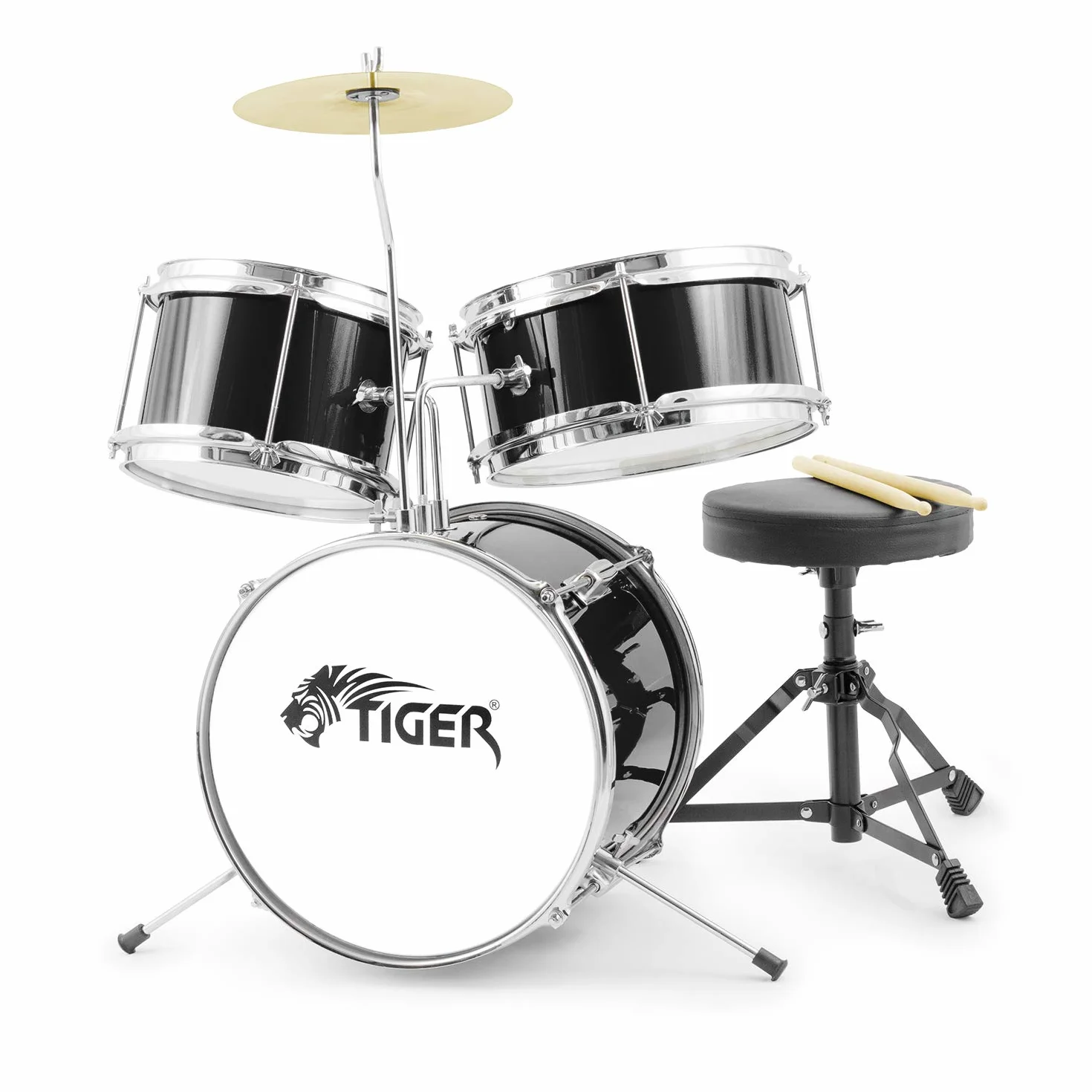 TIGER JDS7-BK Batteria per ragazzi 3 pezzi, con rullante, tom, basso, pedale, piatti e bacchette - colore nero