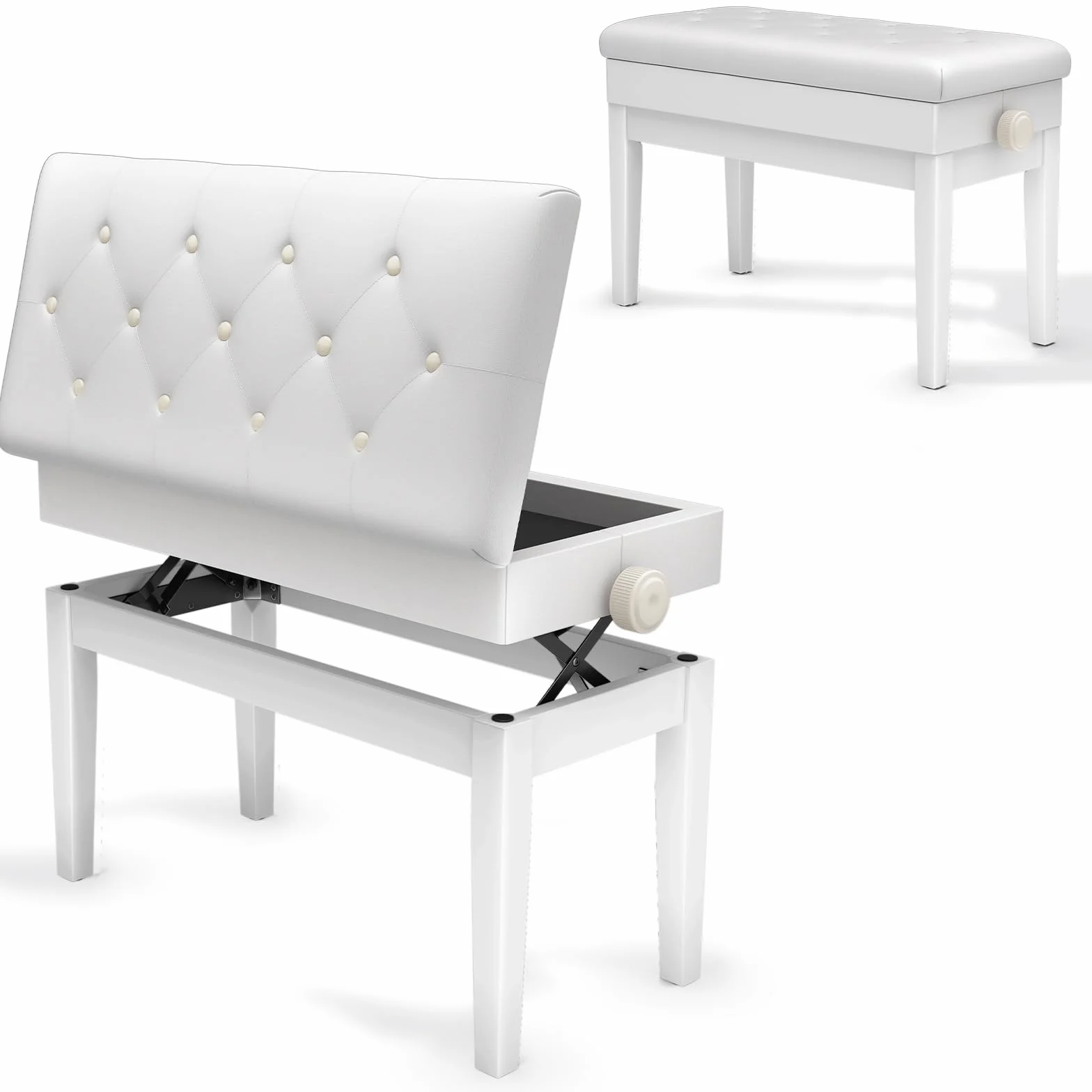 Clevich Sgabello per pianoforte, regolabile in altezza, 48 – 58 cm, con vano portaoggetti, panca per pianoforte con cuscino in pelle PU, sedia per pianoforte, resistente, portata fino a 200 kg, Bianco