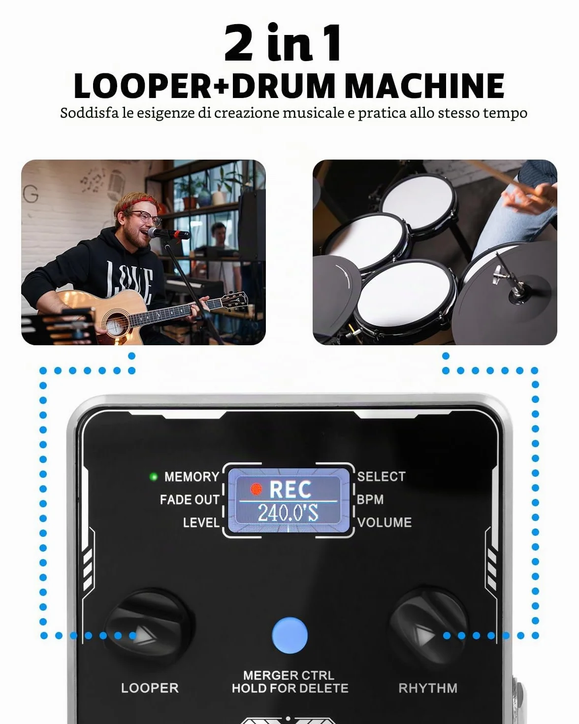 STRICH Pedale Looper stereo con drum machine, 100 modelli batteria, 160 minuti registrazione, USB audio, editing software