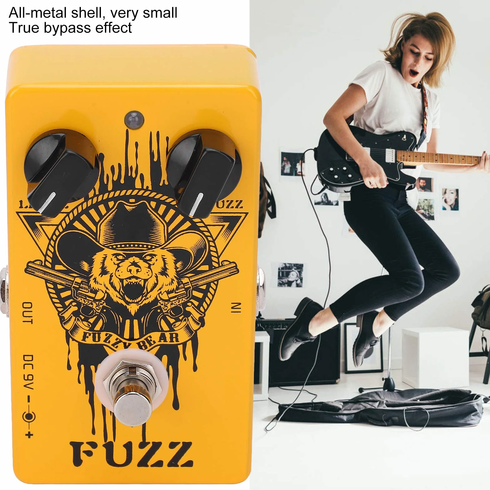 Fuzz Effect Pedal, Yellow Electric Guitar Effect All-Metal Shell con True Bypass Effect for Music Lovers for Outdoor Performance for Guitarist for Music Club