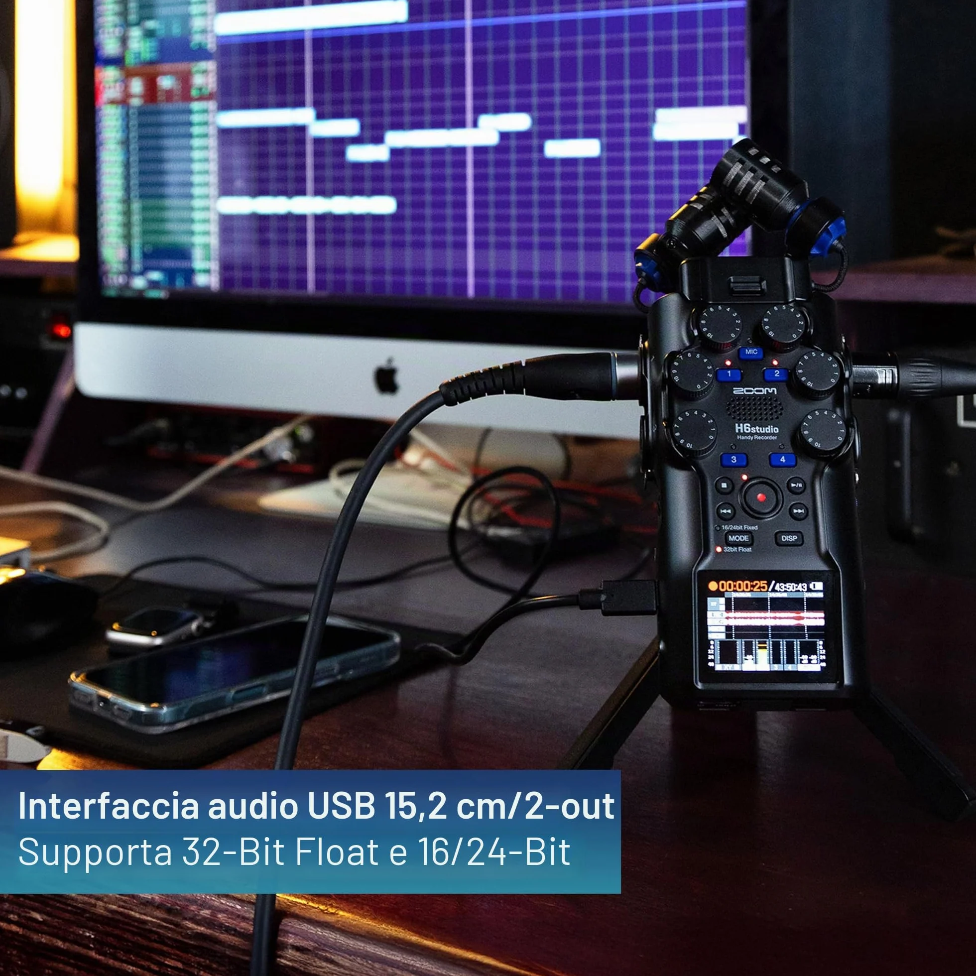 Zoom - H6Studio registratore 6 piste 32 bit 192 kHz modo 16/24 bit, gain, limitatore, capsula XYH-5e membrana larga, compatibile con SSH-6e e EXH-6e, interfaccia audio Mac, Pc, iOS, Android