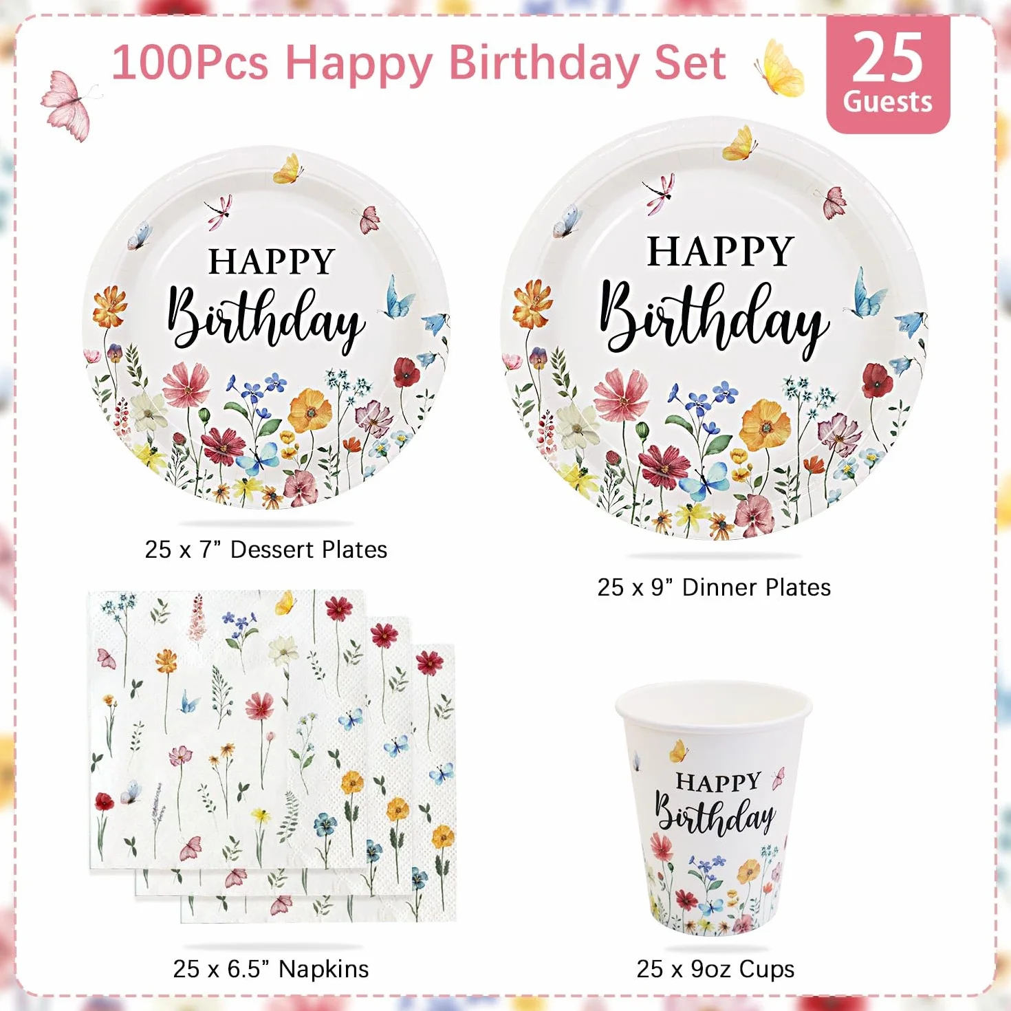 Stoviglie per Feste Fiori di Campo 25 Ospiti 100pcs Piatti Bicchieri Tovaglioli Set Decorazioni