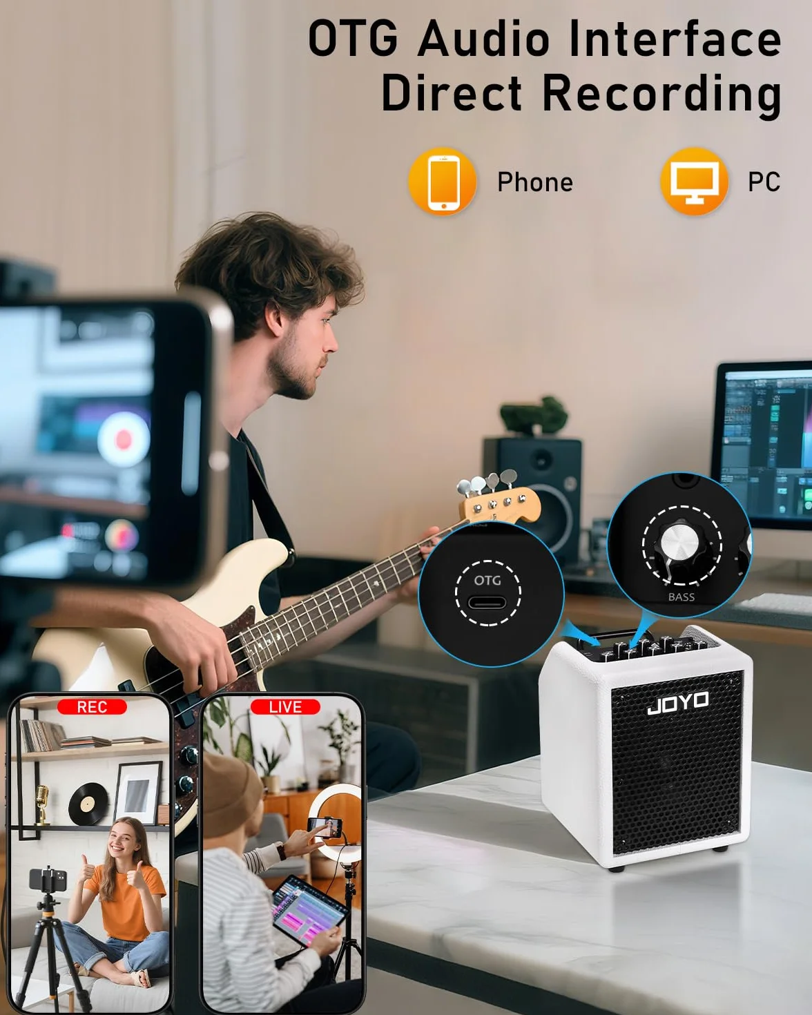 JOYO Amplificatore combinato da 30 W, amplificatore portatile da 4 pollici con EQ a 3 bande e compressore | Bluetooth 5.1 + registrazione diretta OTG | Pratica con cuffie per bassisti, concerti