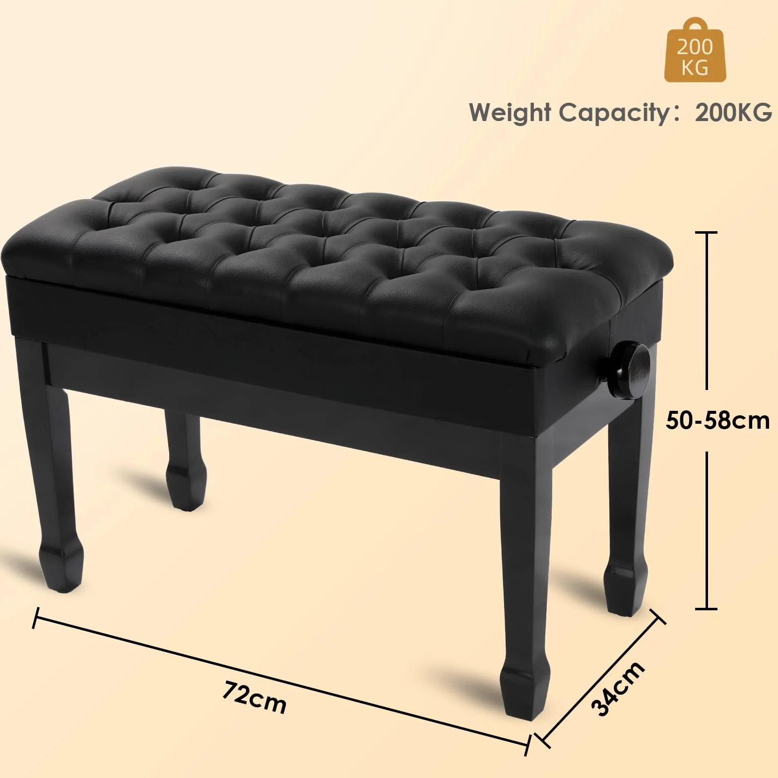 LIFERUN Sgabello per Pianoforte Regolabile 50-58 cm, Panca Pianoforte con Vano Portaoggetti, Sgabello Pianoforte per Duetto in Pelle PU Ispessita con Gambe Curve in Legno, Nero