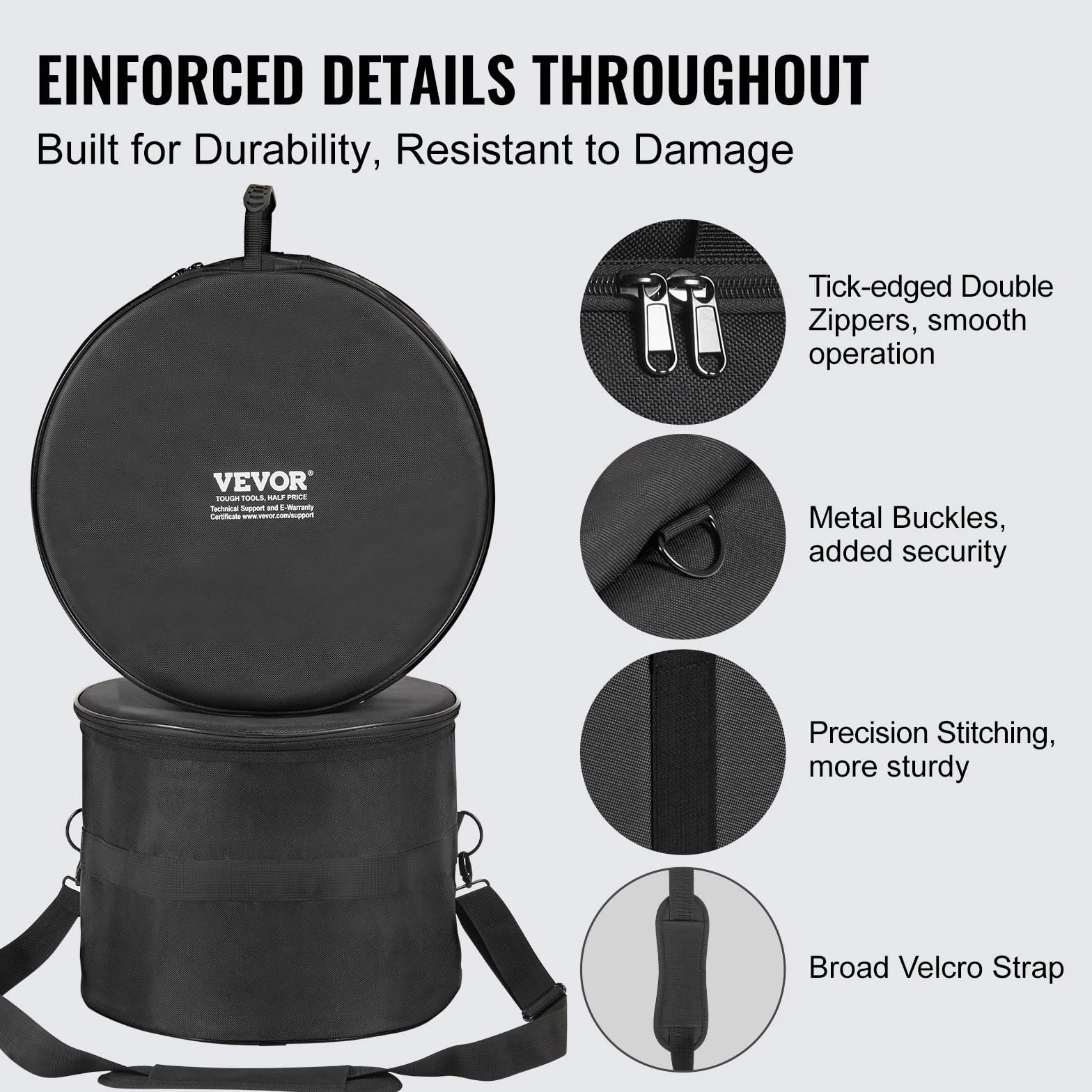 VEVOR Kit Borse per Batteria in Tessuto Oxford 1680D 5 Pezzi, con Tracolla Rimovibile 1,5 m, Manici Pieghevoli per Grancassa da 22", Tom da 30,48/33,02/40,64", Rullante da 35,56 cm