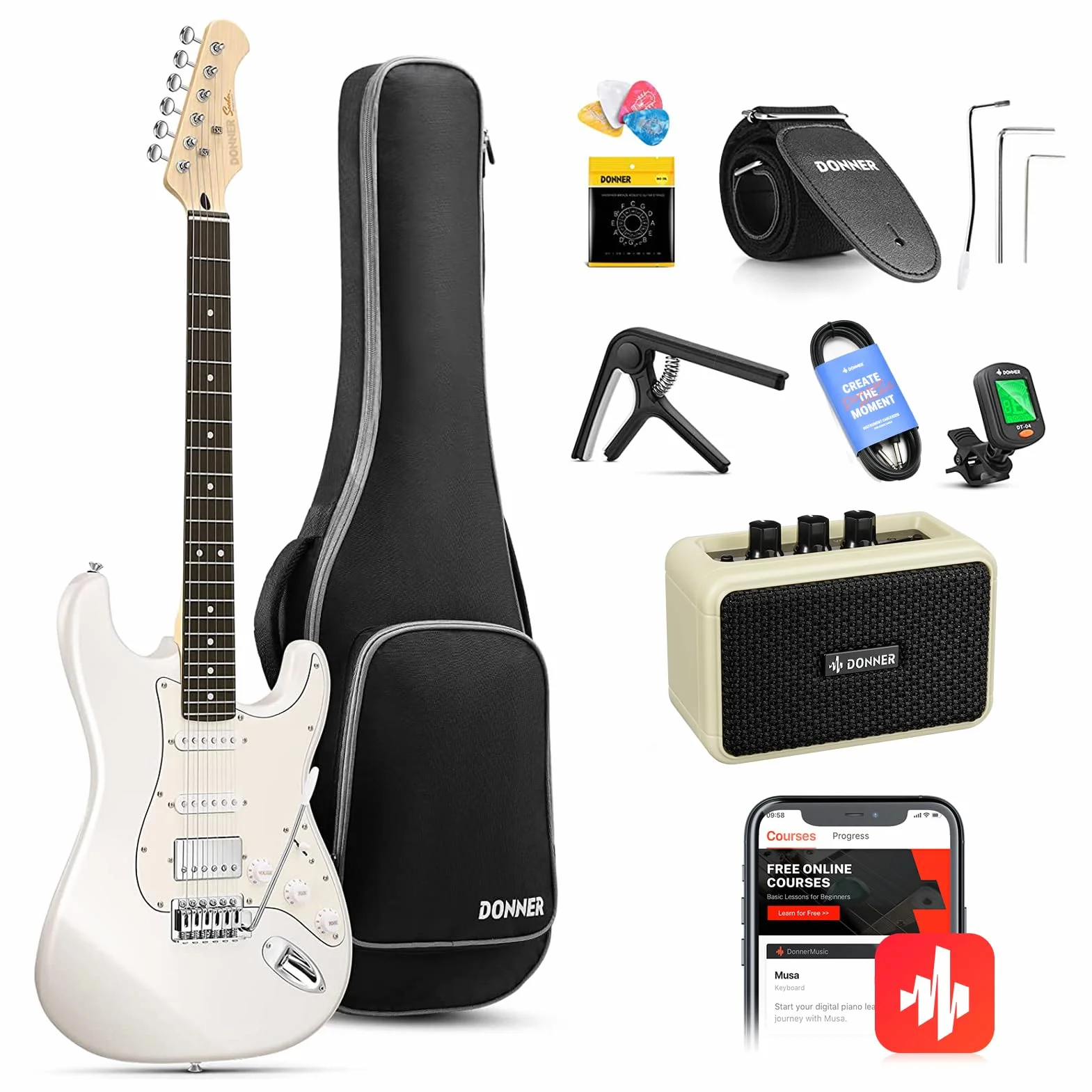 Donner Chitarra elettrica, DST-152 Starter Kit per chitarra elettrica HSS Pickup Coil Split, con amplificatore, borsa, accessori, bianco