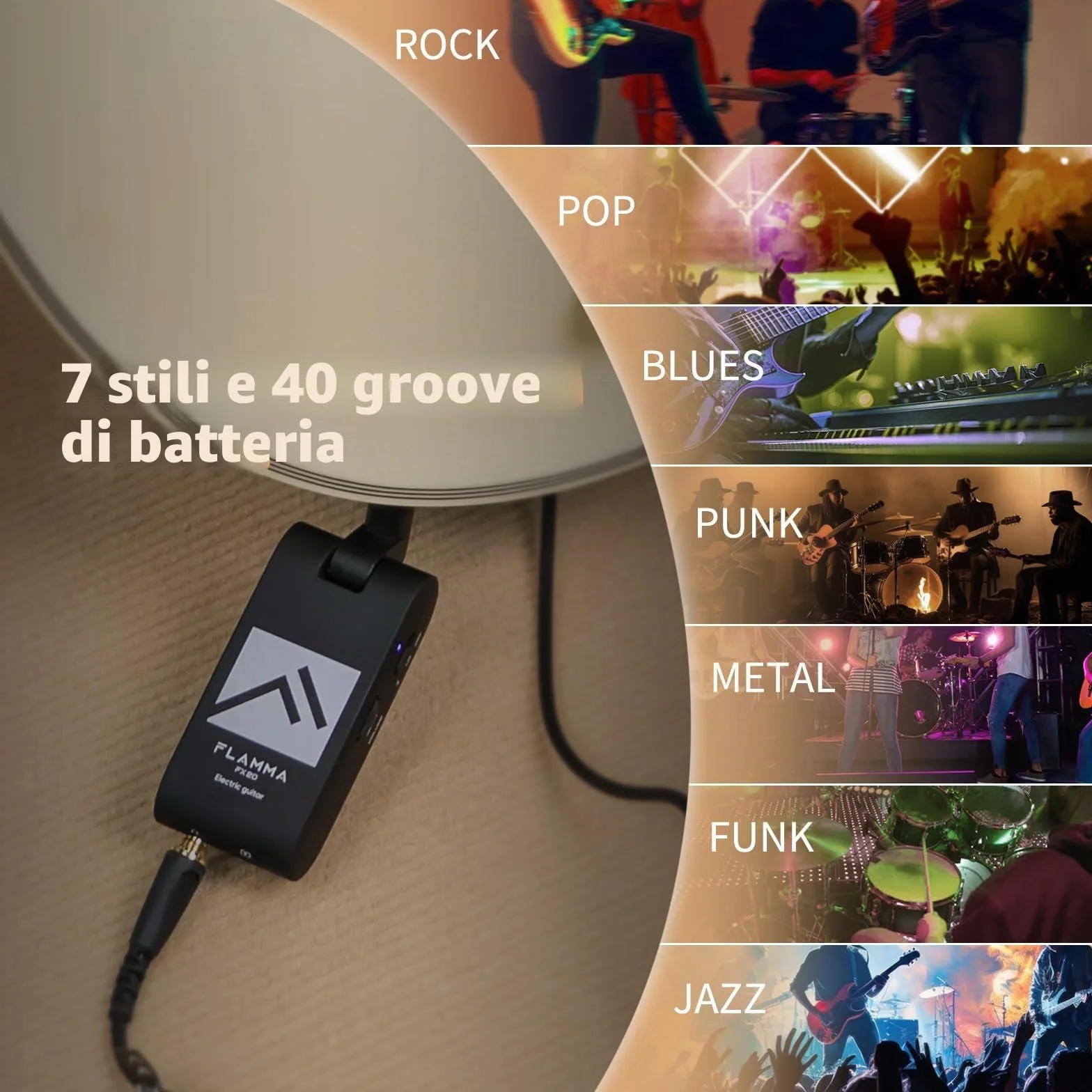 FLAMMA FX20 Amplificatore per cuffie per chitarra con APP 40 scanalature per batteria 52 modalità Amp 5 ritardo 5 effetti di riverbero 14 modulazioni per la registrazione pratica e la creatività