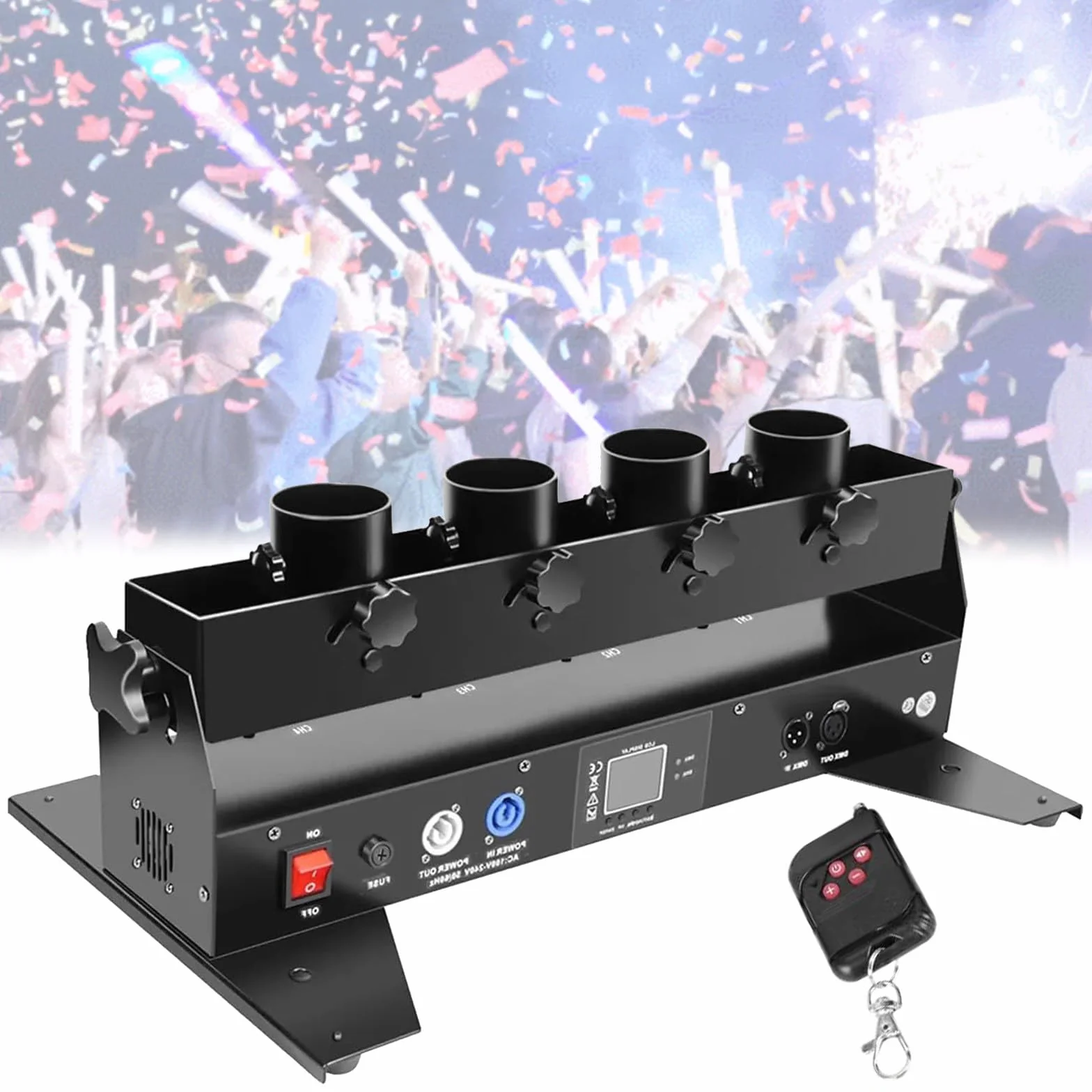 Macchina per coriandoli a 2/4 teste, lancia coriandoli elettrico con telecomando, spara coriandoli digitale per DJ, feste, discoteche, matrimoni, palchi, concerti, eventi, spettacoli,4Shots