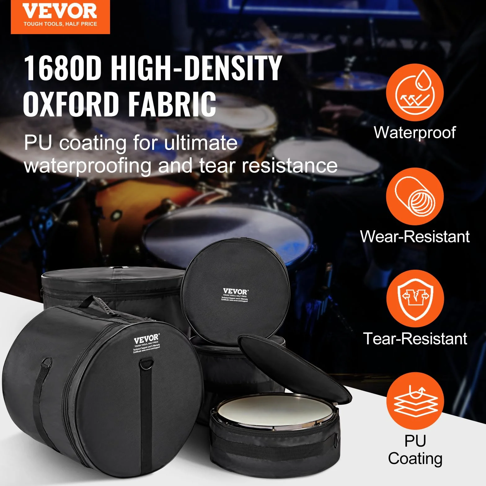 VEVOR Kit Borse per Batteria in Tessuto Oxford 1680D 5 Pezzi, con Tracolla Rimovibile 1,5 m, Manici Pieghevoli per Grancassa da 22", Tom da 30,48/33,02/40,64", Rullante da 35,56 cm