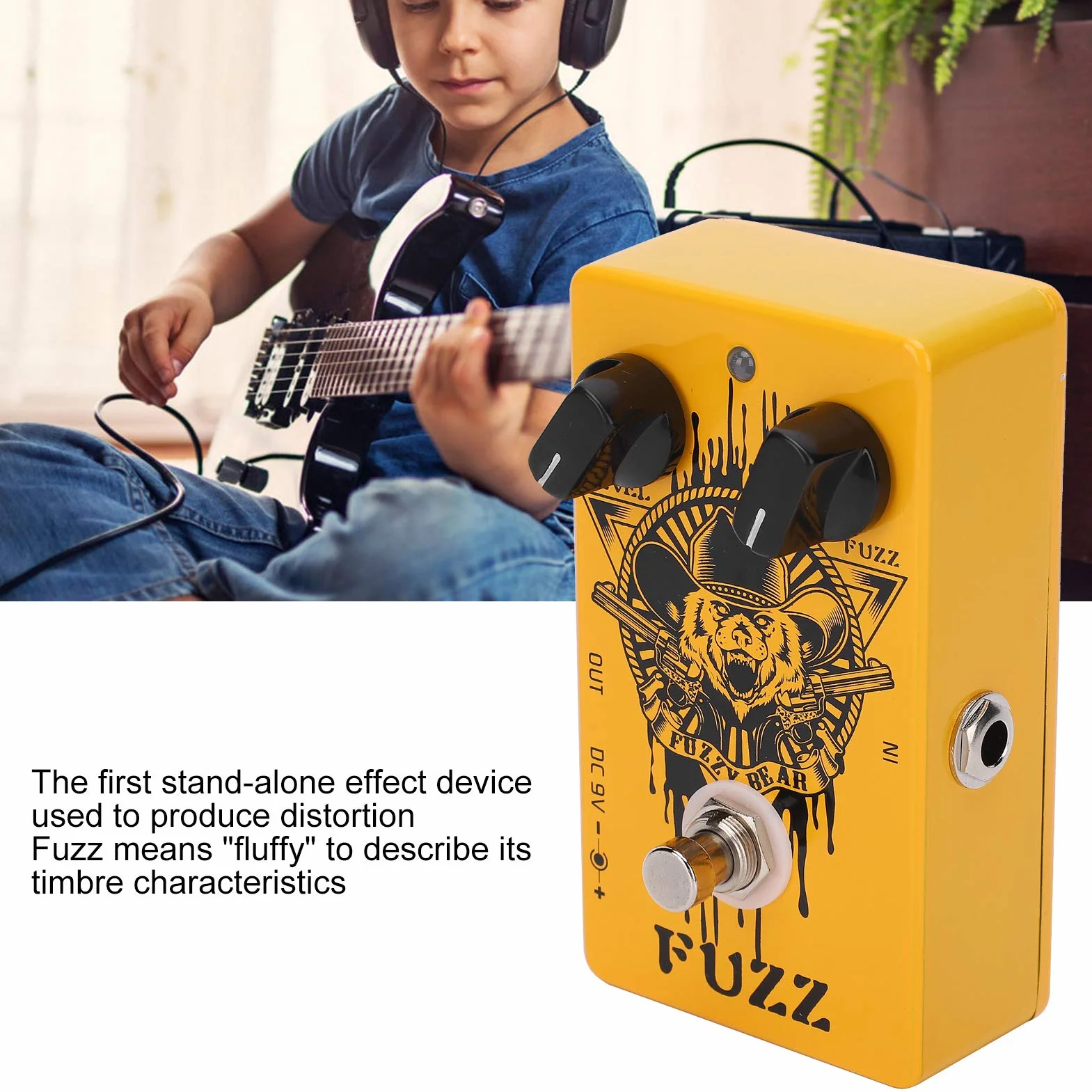 Fuzz Effect Pedal, Yellow Electric Guitar Effect All-Metal Shell con True Bypass Effect for Music Lovers for Outdoor Performance for Guitarist for Music Club