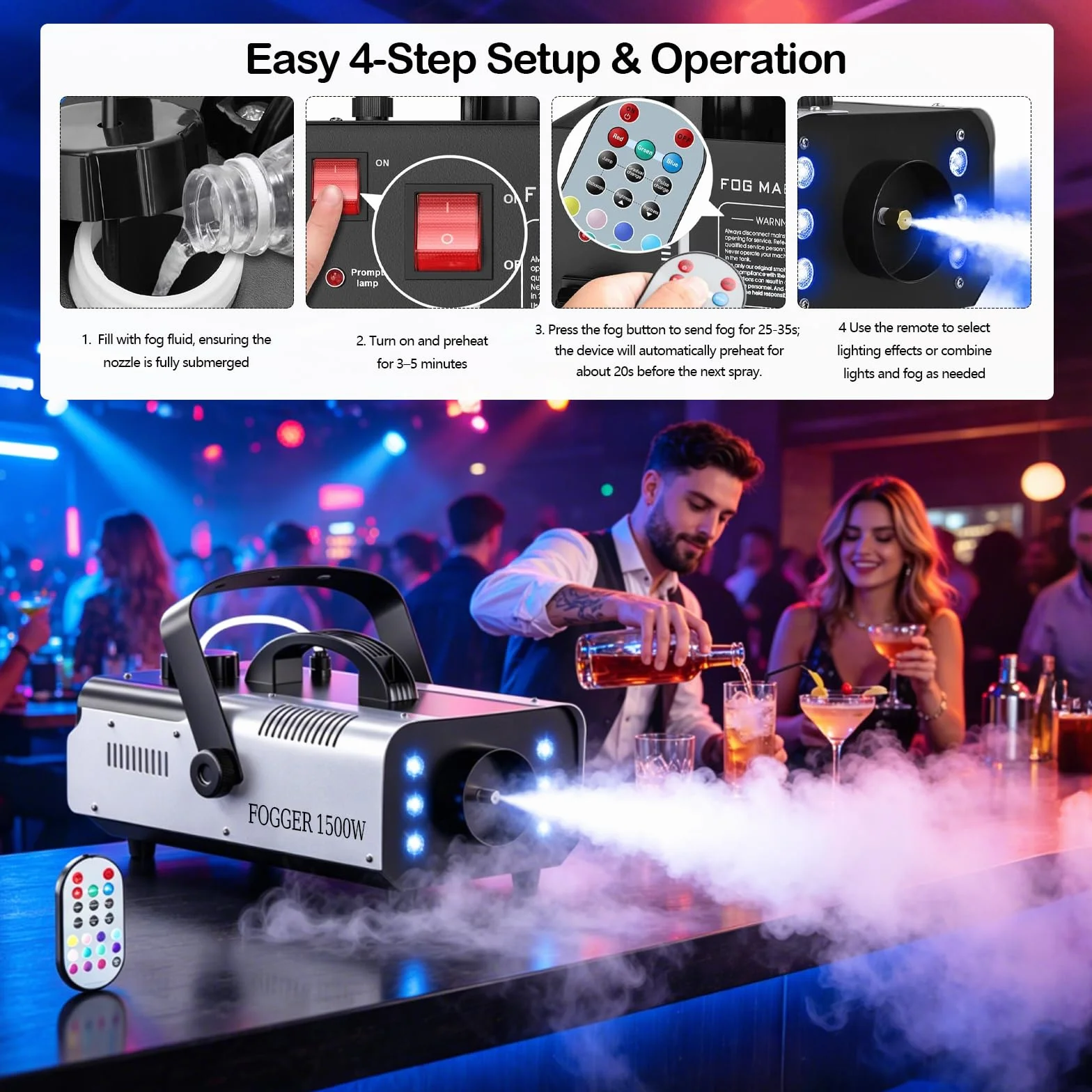 Macchina del fumo 1500W con 6 LED RGB e telecomando wireless, macchina nebbia con effetti luminosi per DJ, feste, Halloween, matrimonio, Natale e palco