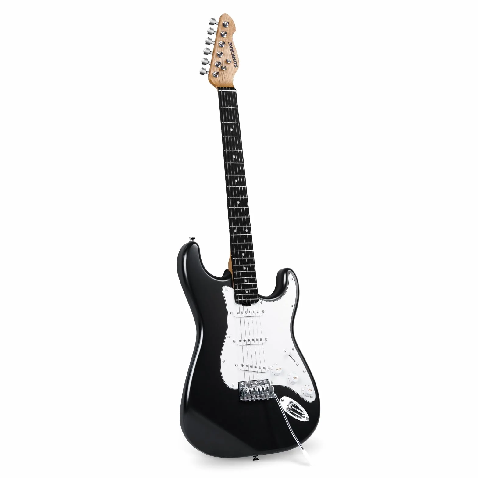 SONICAKE Chitarra Elettrica 39" Full-Size con Pickup Classici SSS, Corpo Leggero, Ponte Tremolo, Tasti Arrotondati e Truss Rod Regolabile QGT-10 (Nero)