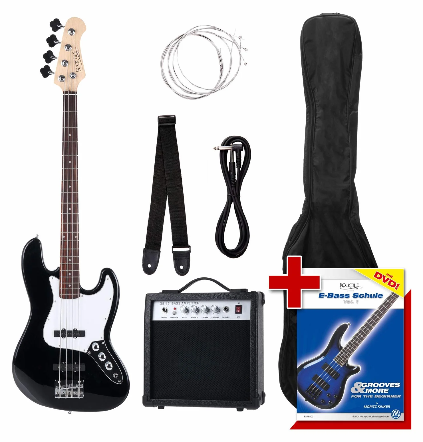 Rocktile Groover's Pack JB E-Bass Set Completo Nero (Amplificatore, Custodia, Cavo, Tracolla, Corde di Ricambio e Scuola con DVD)