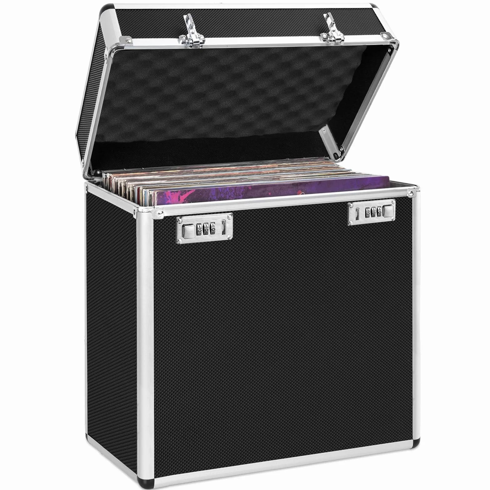 OUUTMEE Custodia per dischi in vinile, capacità di memoria: circa 50 dischi, colore nero, design in lega di alluminio, Nero , Valigetta per vinili