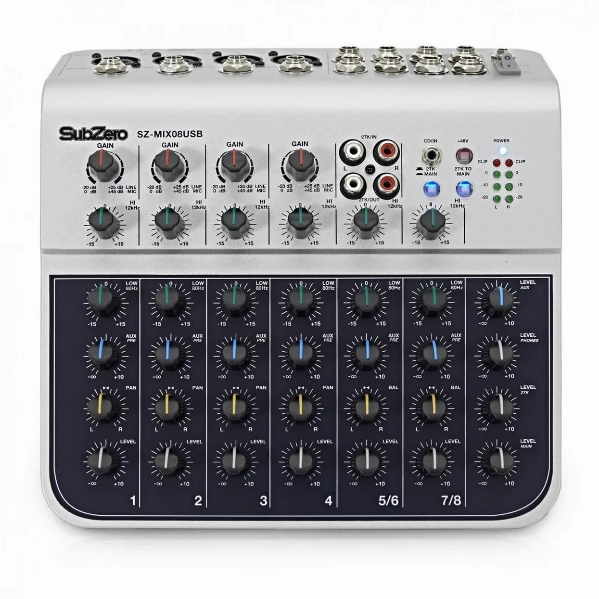 SubZero Mixer audio compatto a 8 canali con USB | Mixer compatto 8 canali per concerti, registrazione domestica o DJ, 4 ingressi XLR con alimentazione phantom, EQ 2 bande