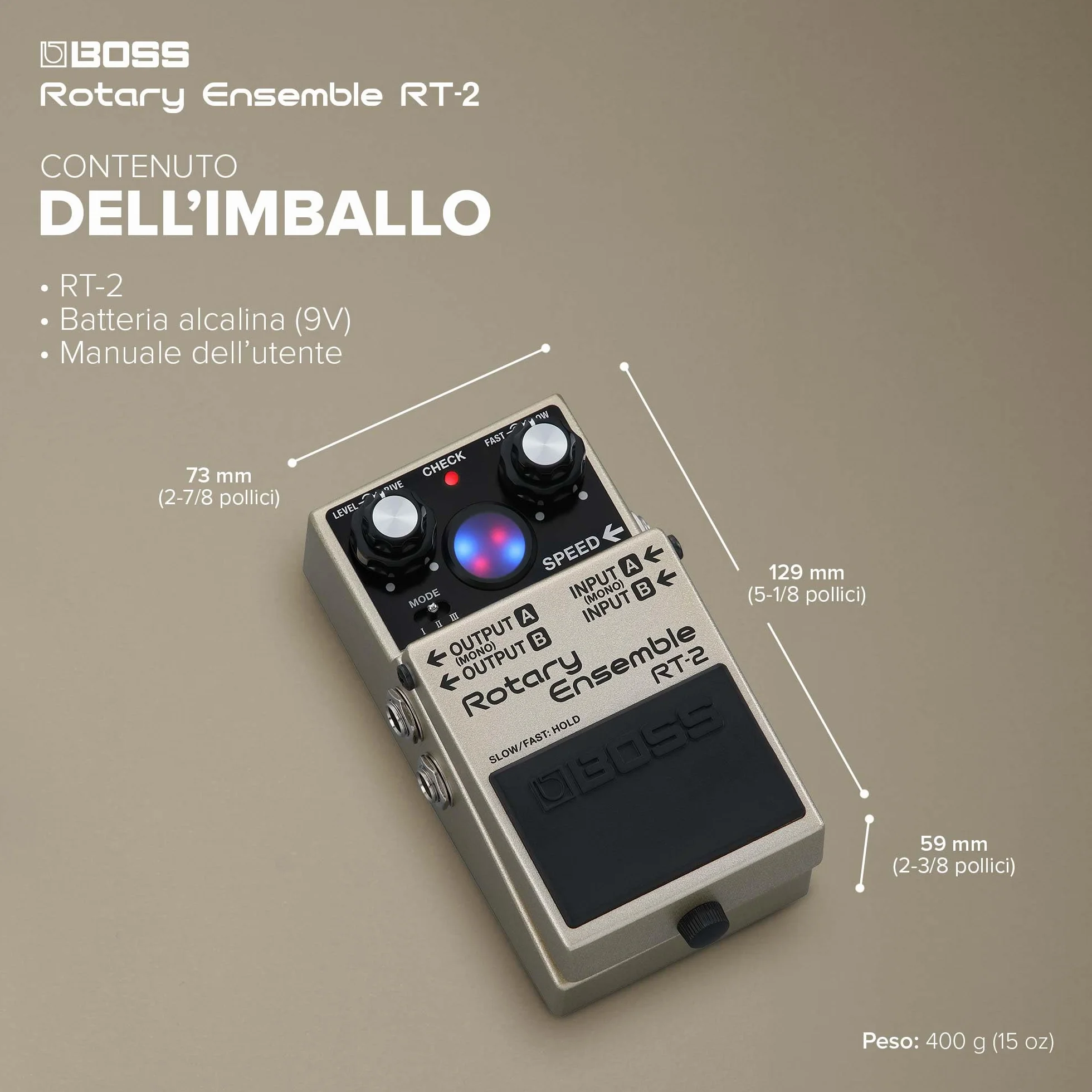 BOSS RT-2 | Pedale Compatto Rotary Ensemble | I veri suoni di altoparlante rotante | Dedicato alla chitarra e alle tastiere | 3 modalità versatili | Vari effetti di modulazione in uno