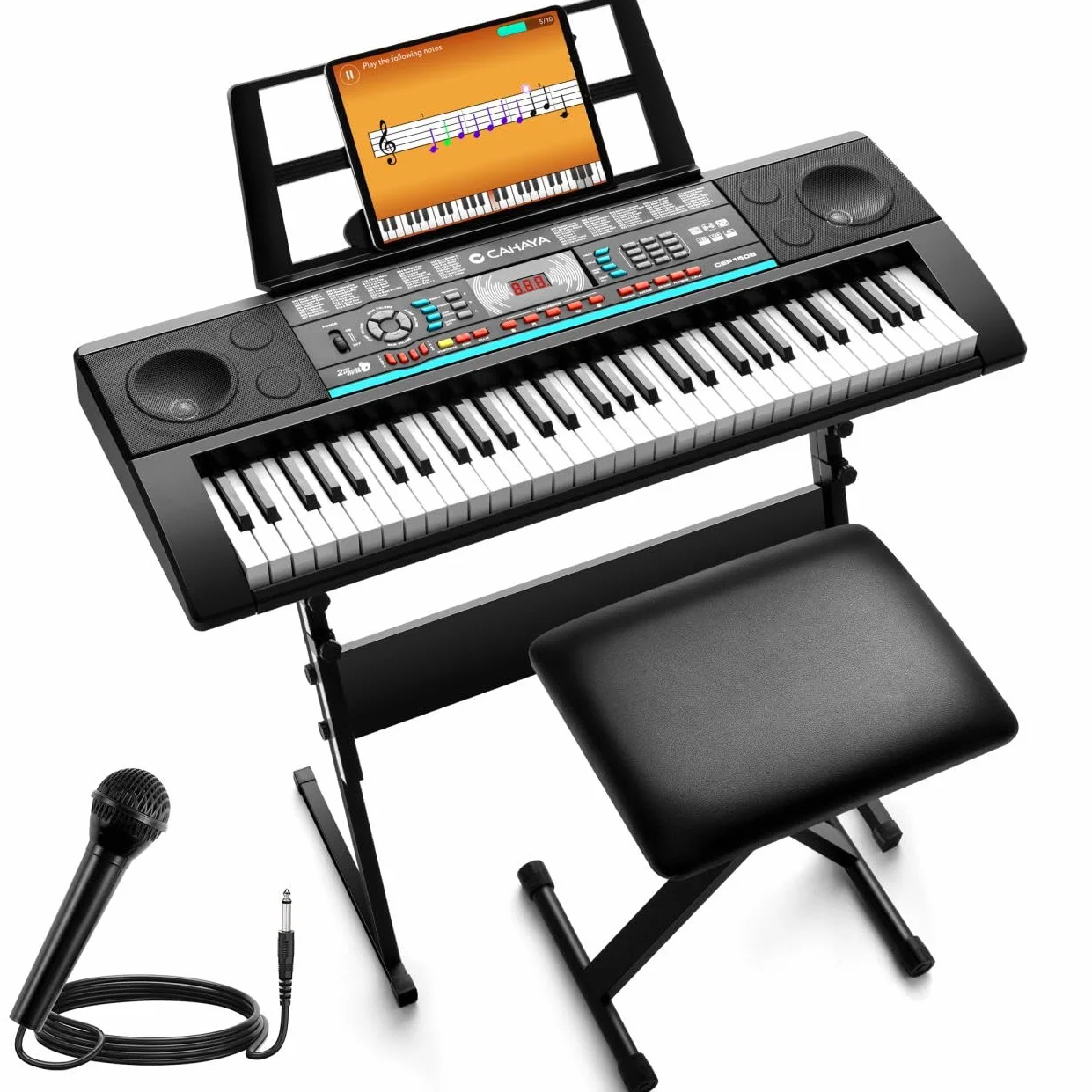 CAHAYA Tastiera Musicale 61 Tasti - Set di Pianoforte Elettrico per Principianti con Supporto, Sgabello, 1 Microfono, Altoparlanti Integrati, 3 Modalità Didattiche, Tastiera Elettronica Portatile con