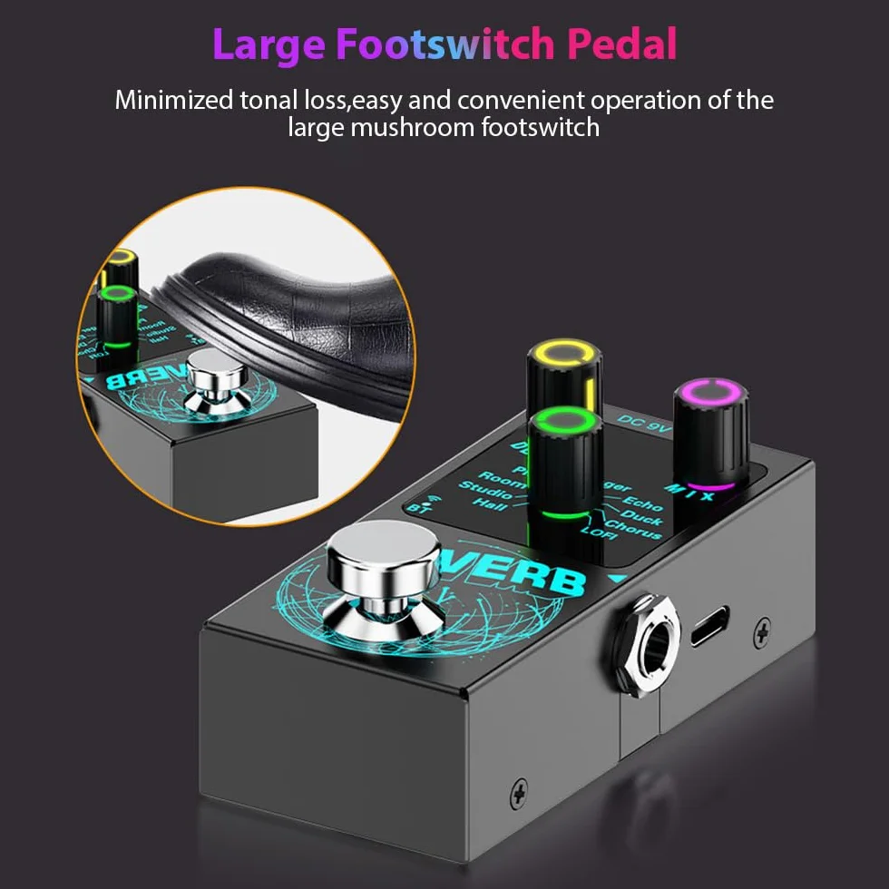 Pedale Effetti Riverbero, 9 Tipi di Riverbero, Chitarra Elettrica Hall/Studio/Room/Plate/Echo/Flanger/Duck/Chorus/LOFI, DECAY/MIX, Portatile, BT 5.4, USB, Metallo