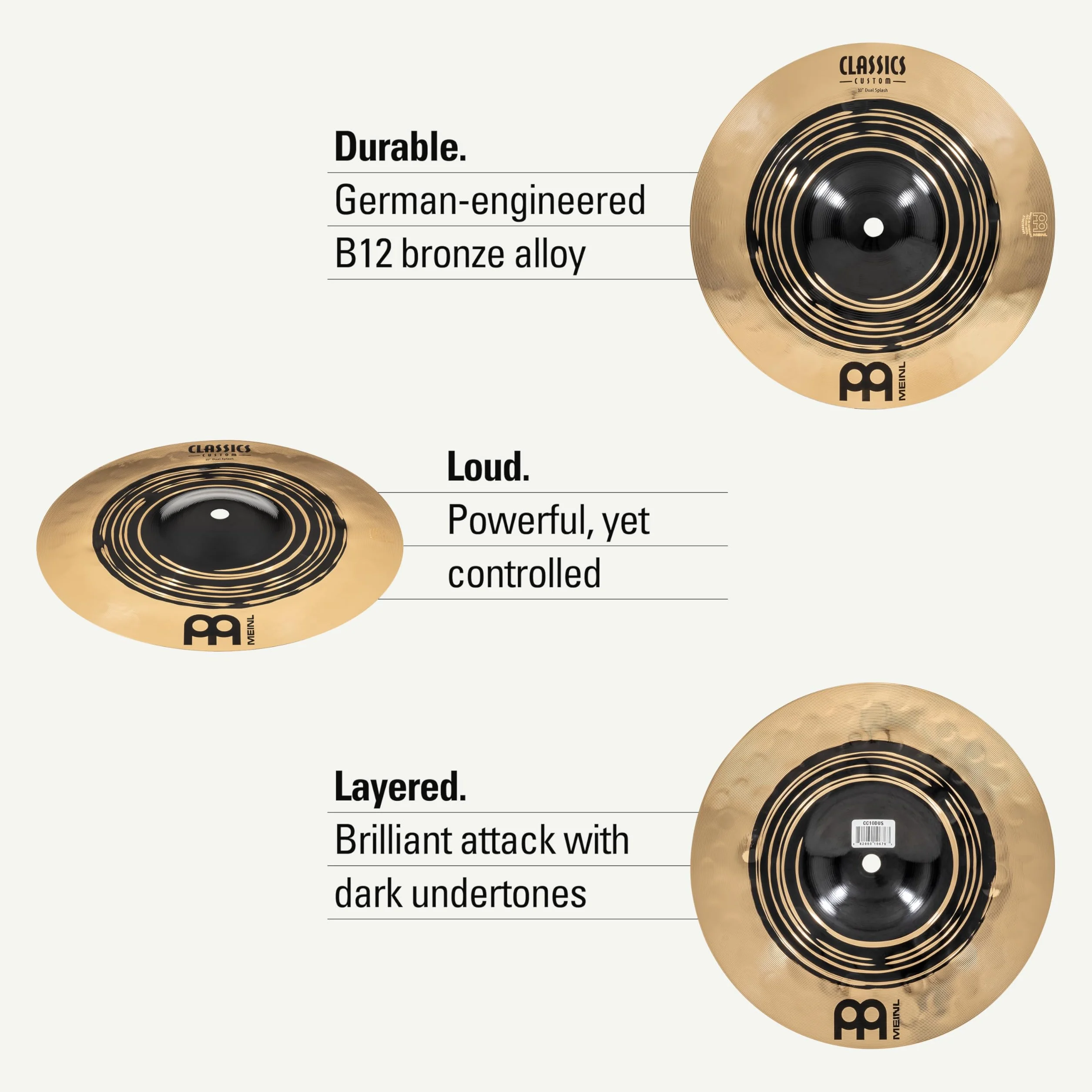 Meinl Cymbals Classics Custom Dual Piatto Splash 10 pollici (25,40cm) per Batteria - Bronzo B12, Finitura Scura e Brillante - Prodotto in Germania (CC10DUS)