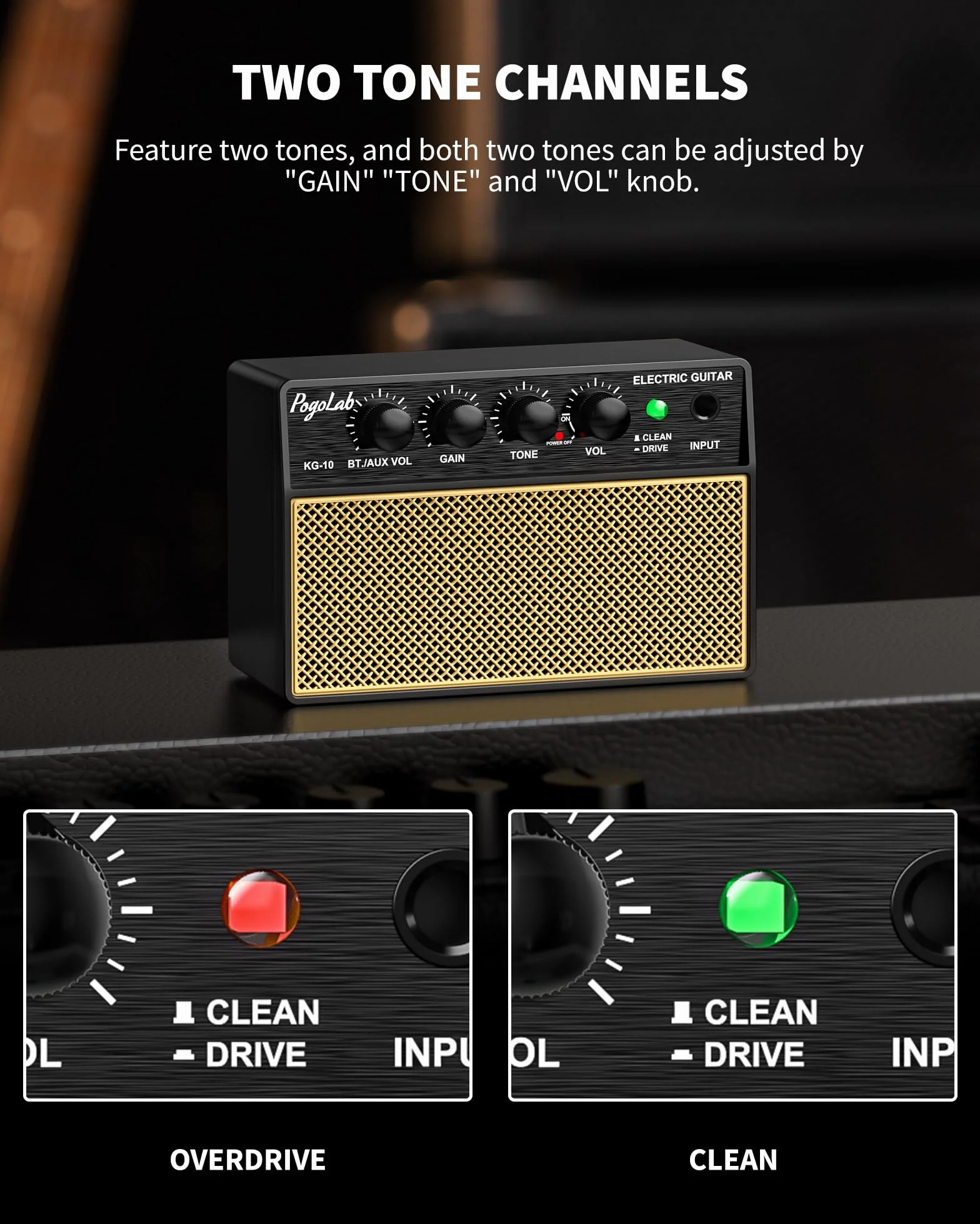 POGOLAB Mini Amplificatore Chitarra 5W, Amplificatore Chitarra Elettrica Portatile Bluetooth con 2 Canali, Amplificatore per Basso Ricaricabile per Esercizi, Mini Amplificatore Esercizi