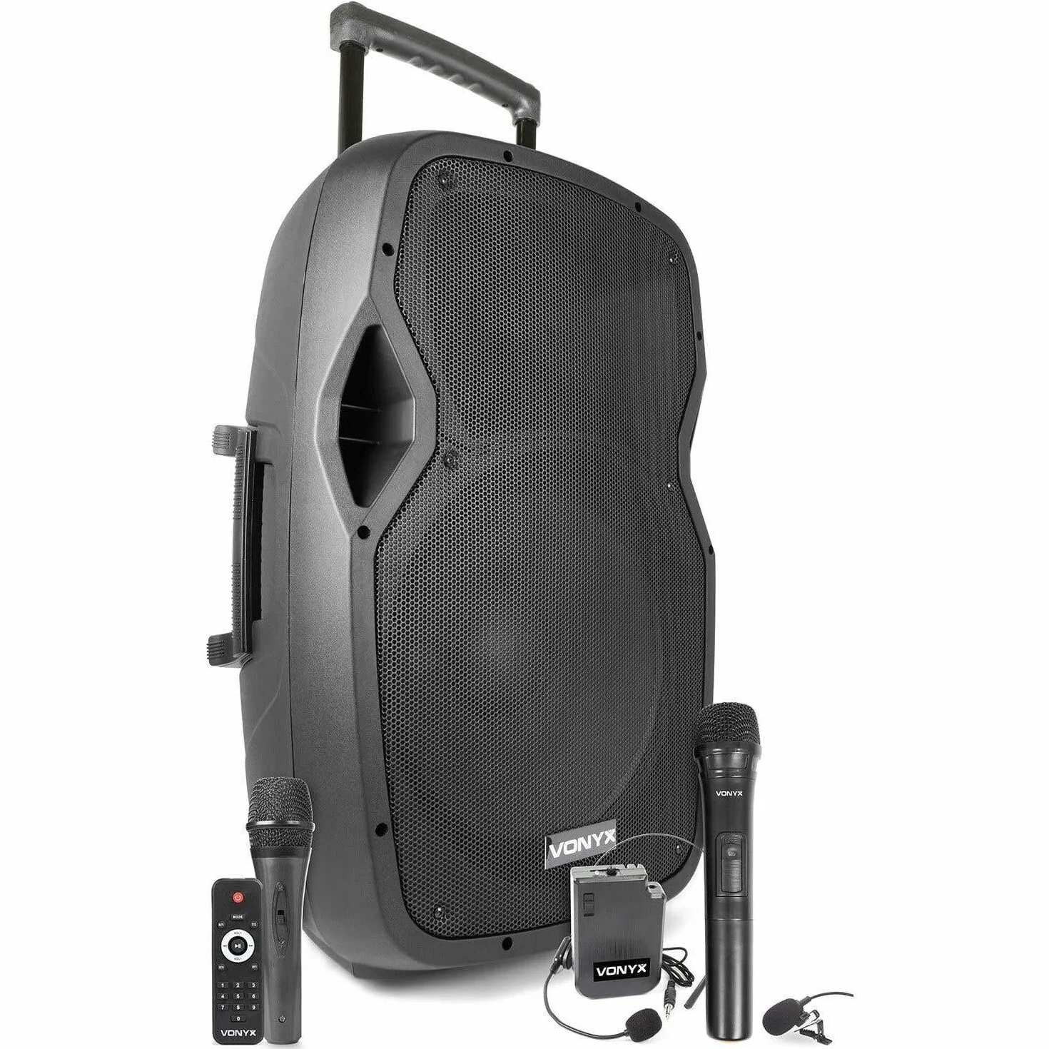 Vonyx AP1500PA - Sistema PA Mobile, Woofer 15", Potenza in Uscita: 800 W, Bluetooth/USB/SD/MP3/AUX-In, Auricolare UHF da Tasca, Microfono UHF, Microfono Via Cavo, Batteria Ricaricabile, Telecomando
