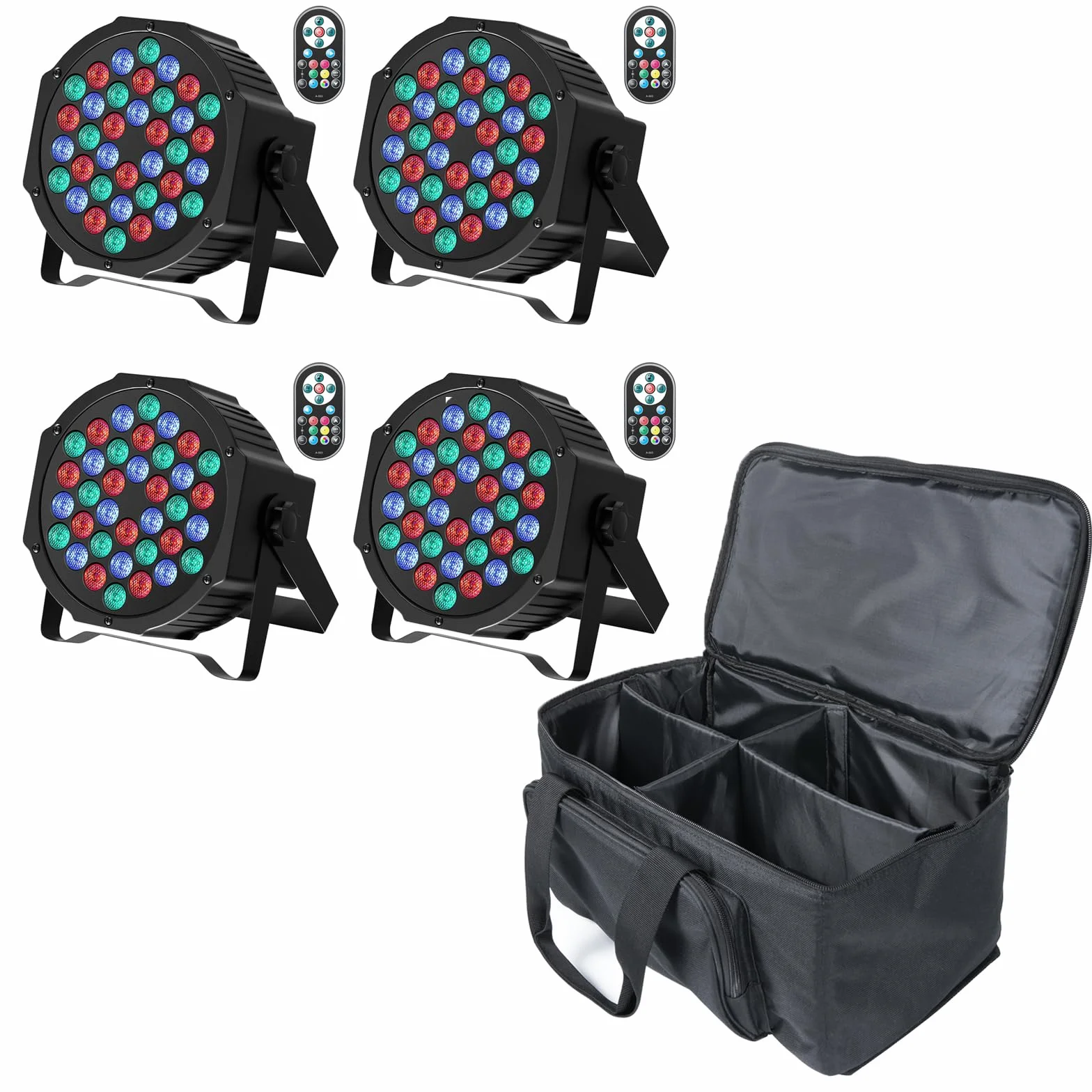 SEBRUANC 4PCS RGB Par LED con PVC Borsa, 36 LED 72W Fari Luci da Palco con Telecomando e Modalità Attivata dal Suono, Illuminazione Discoteca per Feste Bar Banda Halloween Natal