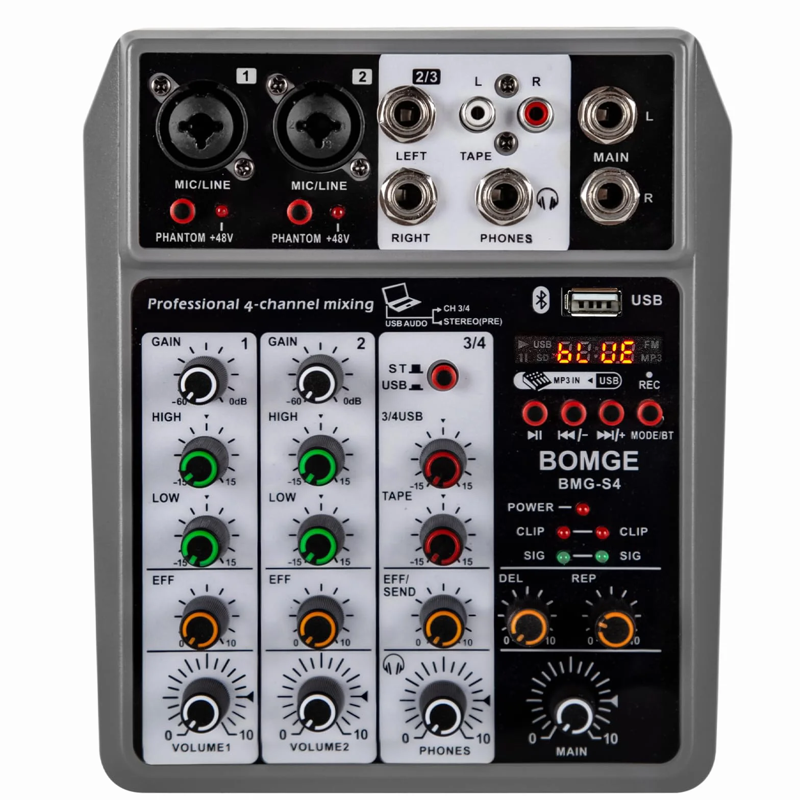 BOMGE Mixer audio professionale, console di mixaggio con 4 canali USB digitale Bluetooth effetto ritardo, ingresso 48 V Phantom Power Stereo DJ mixer per registrazione, live streaming, podcasting