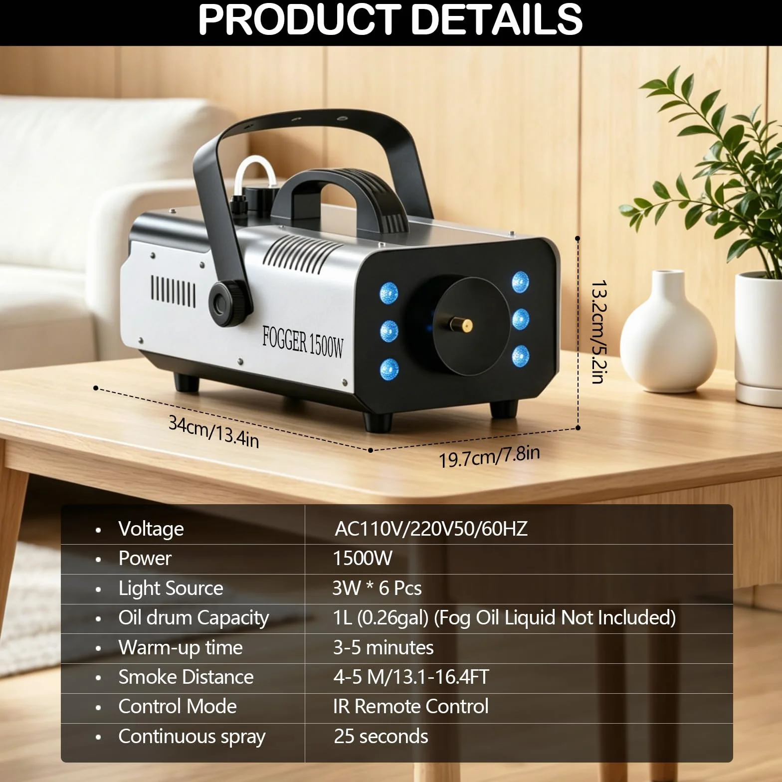 Macchina del fumo 1500W con 6 LED RGB e telecomando wireless, macchina nebbia con effetti luminosi per DJ, feste, Halloween, matrimonio, Natale e palco
