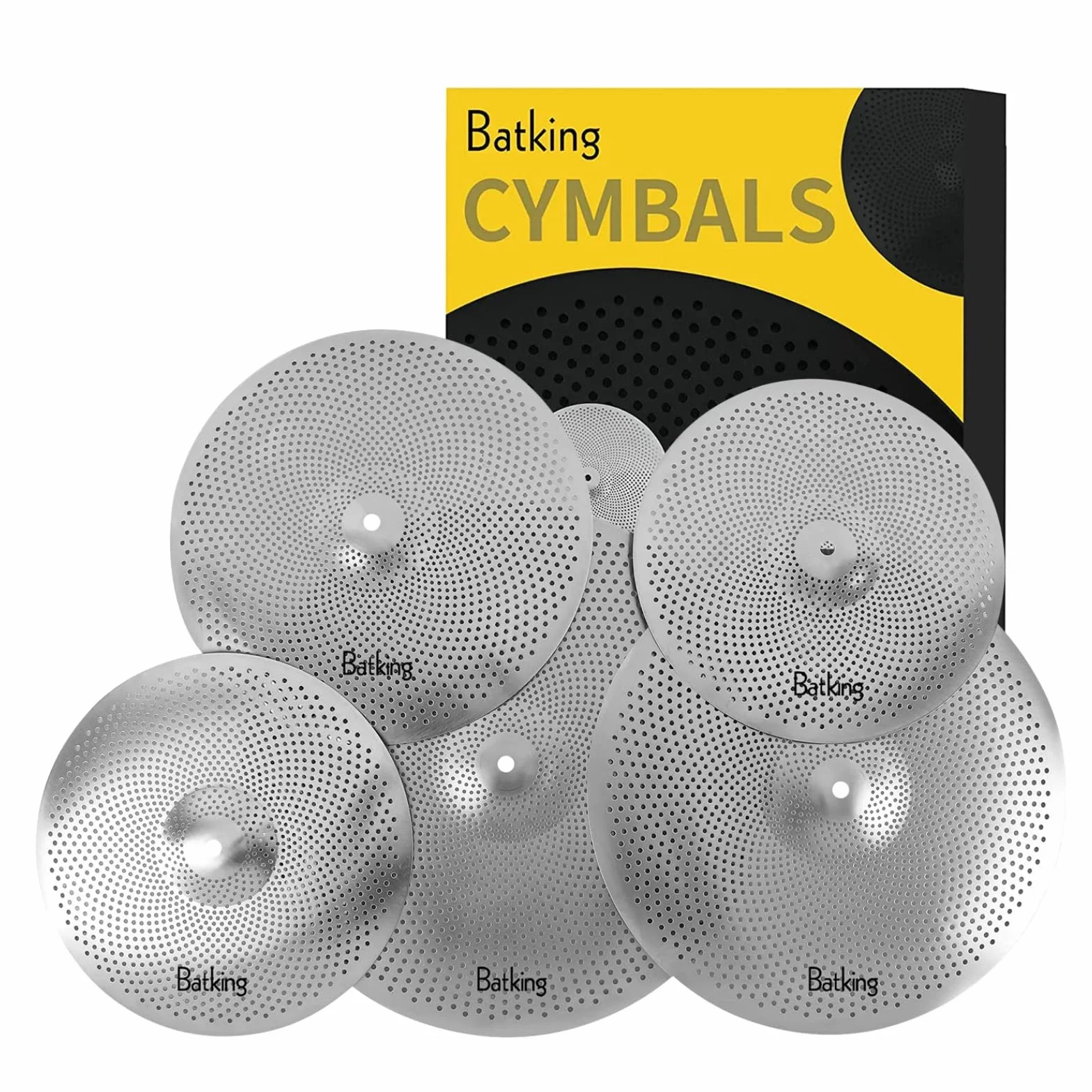 Batking Set di piatti batteria a basso volume confezione 60%-70%,14/16/18/20" Set di piatti silenziosi da 5 pezzi argento per la pratica