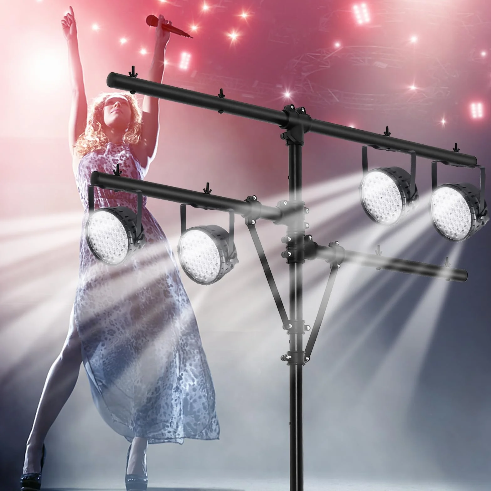 COSTWAY Supporto Luci Mobile DJ Audio, Supporto Luci LED con Bracci, Altezza Regolabile, Treppiede Portatile per Presentazioni sul Palco, Concerti, Teatri, Matrimoni e Feste, 186-351 cm