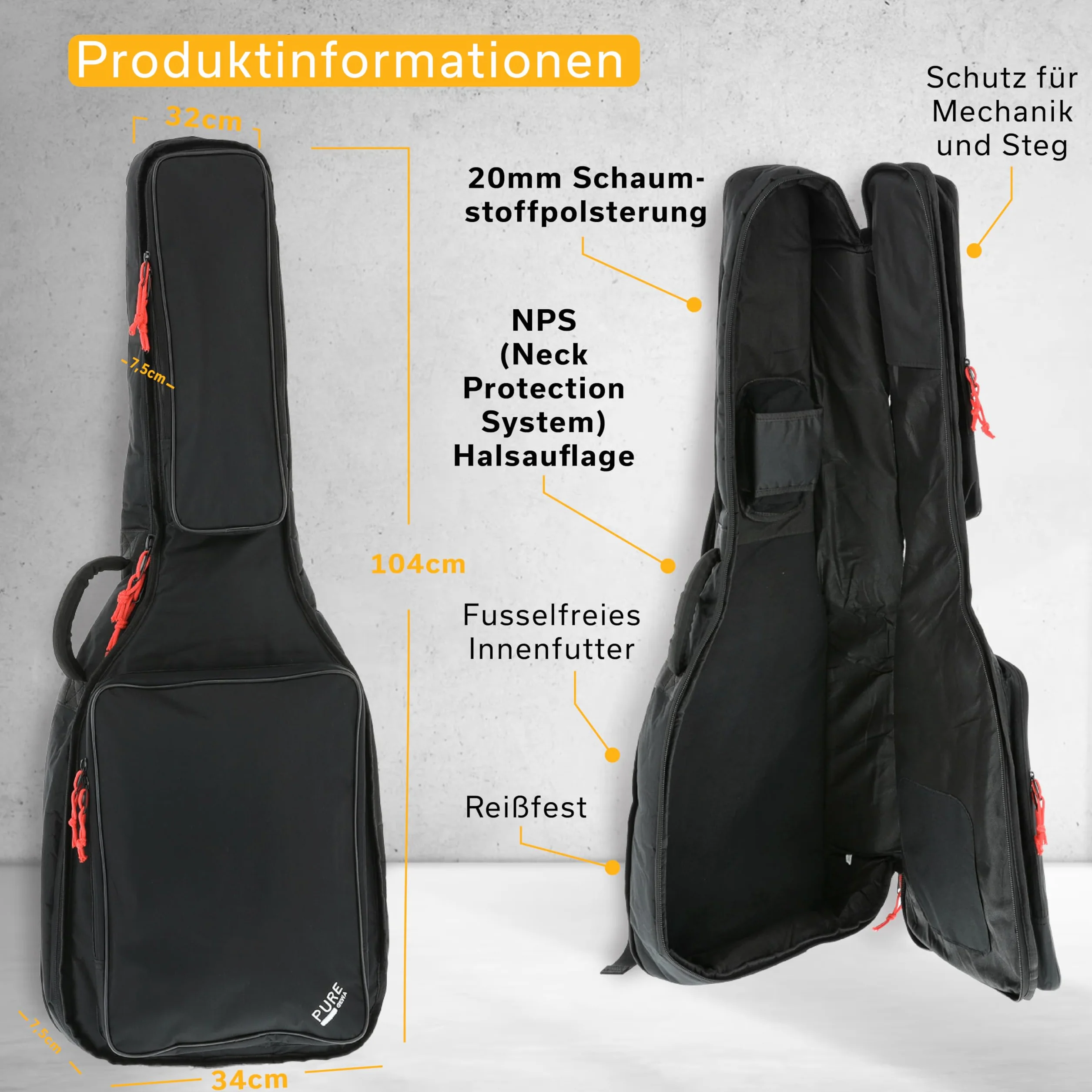 GEWA pure Borsa per Chitarra Serie 120 per Chitarra Elettrica nera, imbottitura in schiuma da 20mm con grande tasca per spartiti