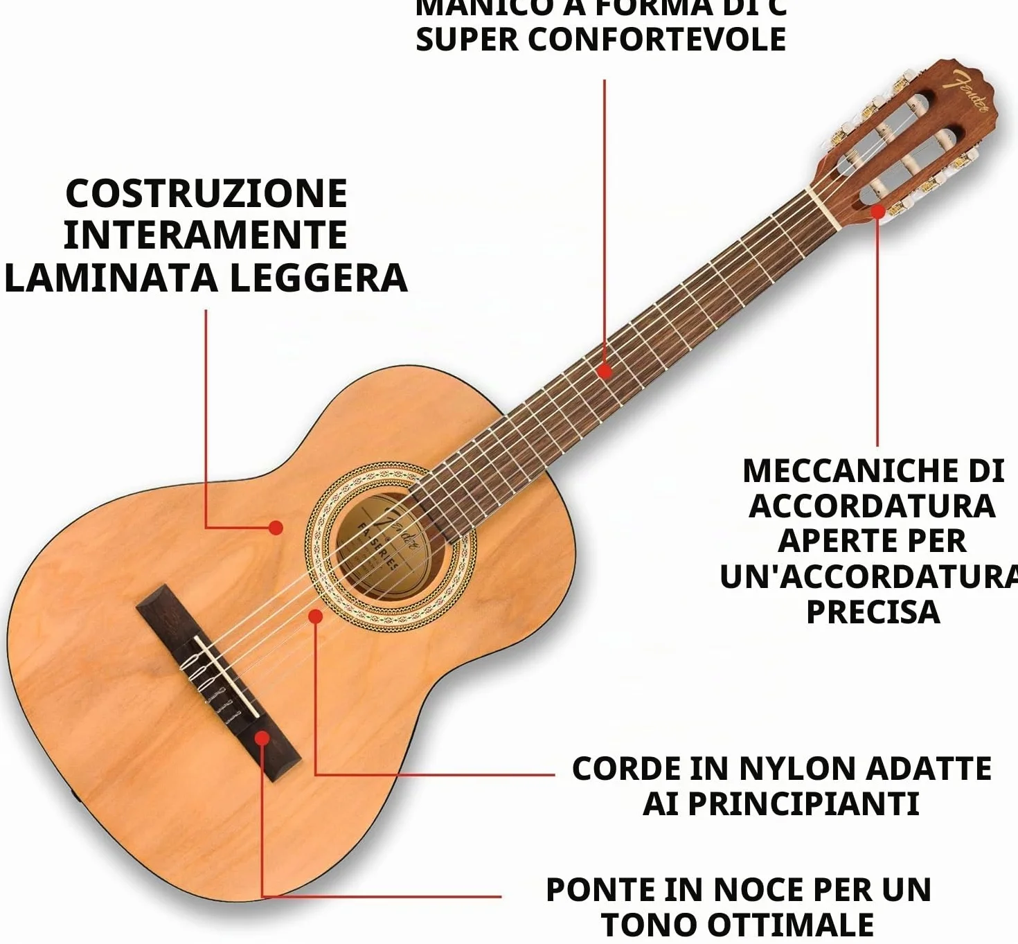 Fender Classic Design CN-25 in nylon a corde, tastiera in noce a scala corta, chitarra acustica classica 3/4, naturale. Ideale per principianti