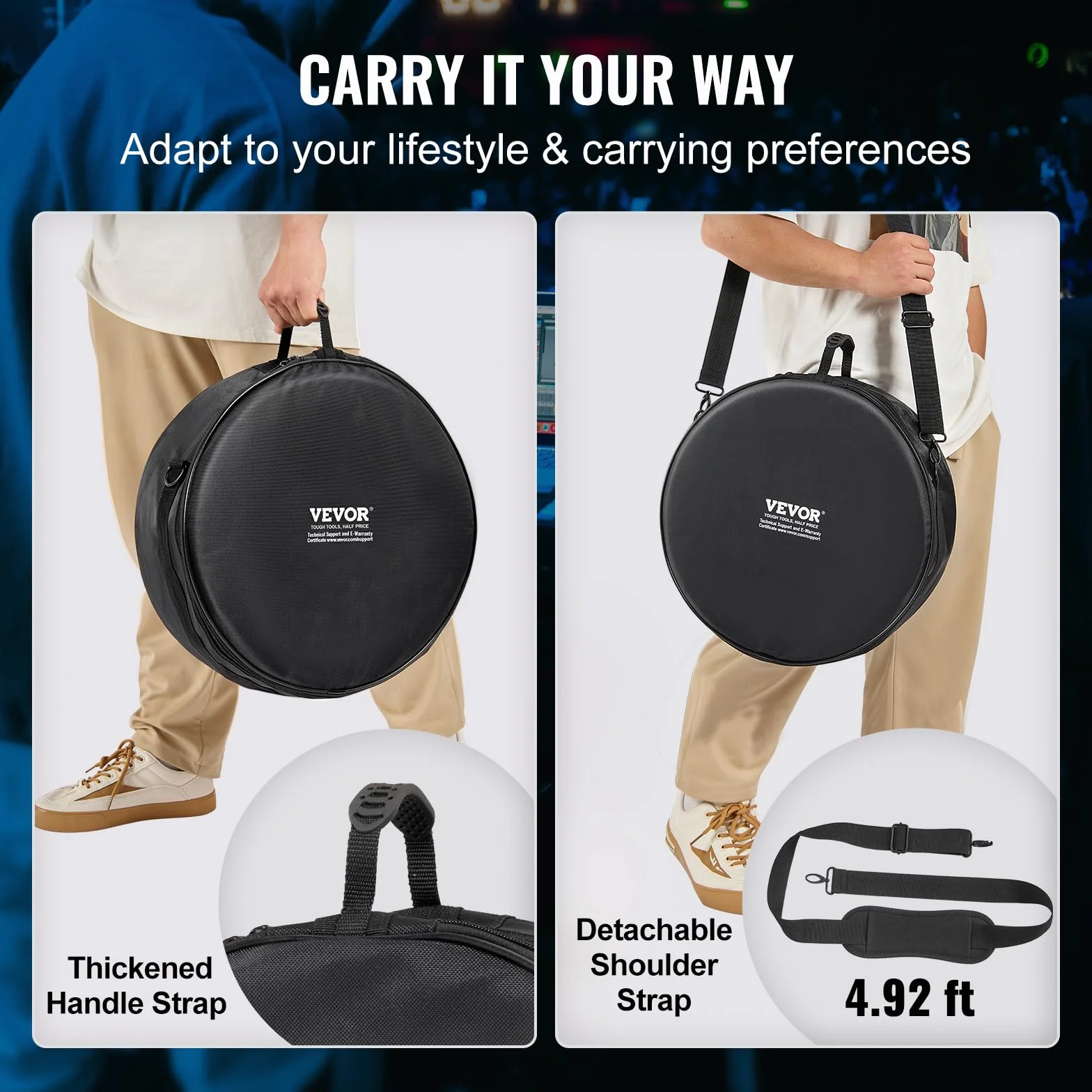 VEVOR Kit Borse per Batteria in Tessuto Oxford 1680D 5 Pezzi, con Tracolla Rimovibile 1,5 m, Manici Pieghevoli per Grancassa da 22", Tom da 30,48/33,02/40,64", Rullante da 35,56 cm