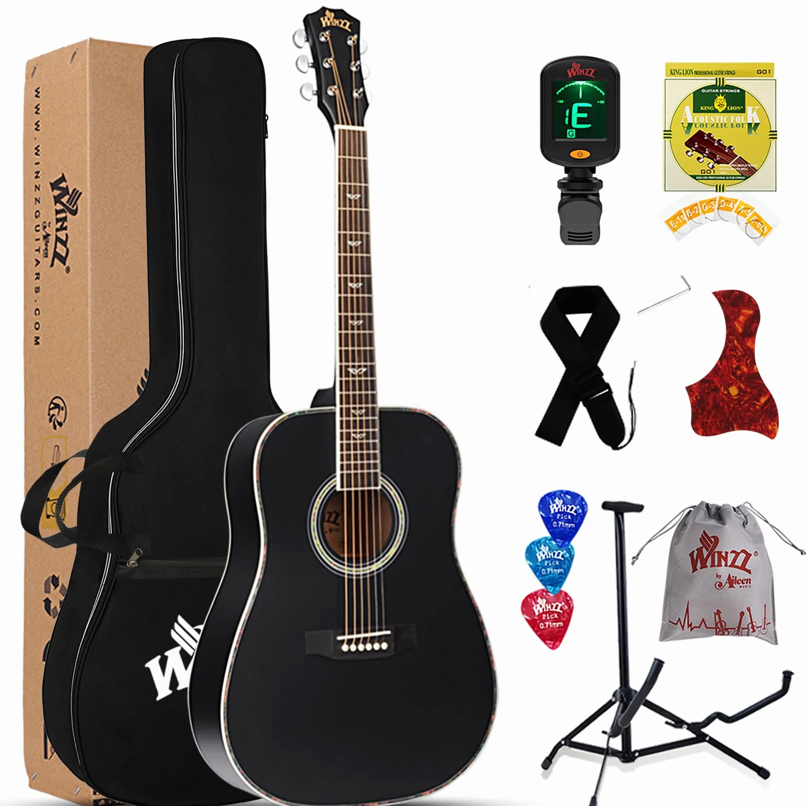 Winzz Chitarra Acustica 4/4 Adulti Principianti, Chitarra per Bambini 12+ Anni, Nero Chitarra Folk Kit 8 Accessori con Corde d'acciaio, Accordatore, Tracolla, Supporto, Custodia (41" Dreadnought)