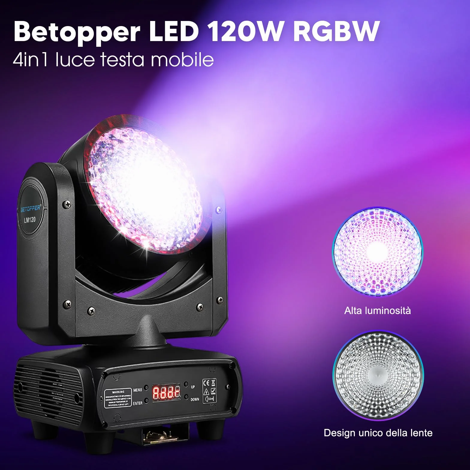 Betopper 120W Teste Mobili 4 in 1 Luci Discoteca Demon's Eye COB DMX512 Control Luci da palco Luce da palcoscenico per Matrimonio DJ Party Live Band Mostra