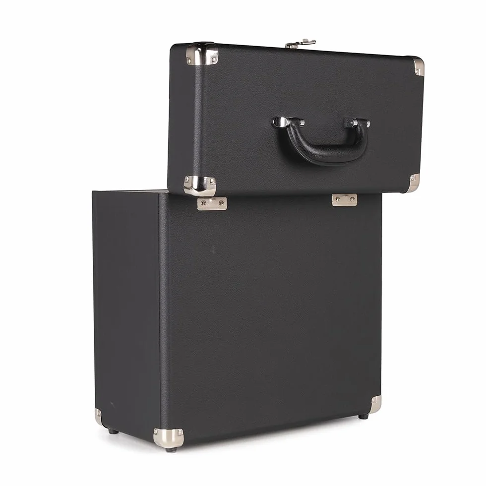 RC32 - Custodia per dischi in vinile, elegante e resistente, con morbida fodera in flanella, contiene 30-35 dischi, chiusura in metallo, cerniera e maniglia.