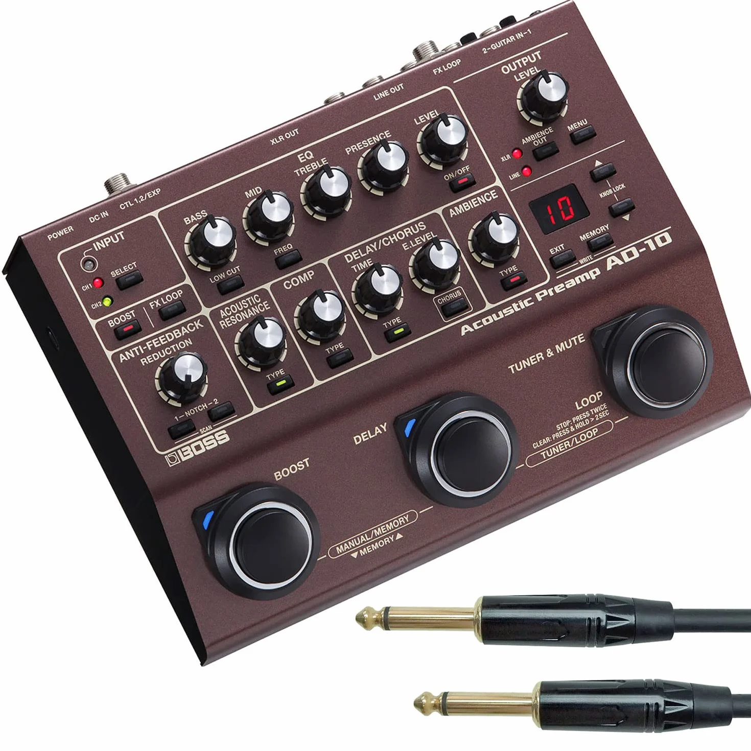 Boss AD-10 Preamp - Dispositivo multi-effetto per chitarra acustica + cavo jack Keepdrum