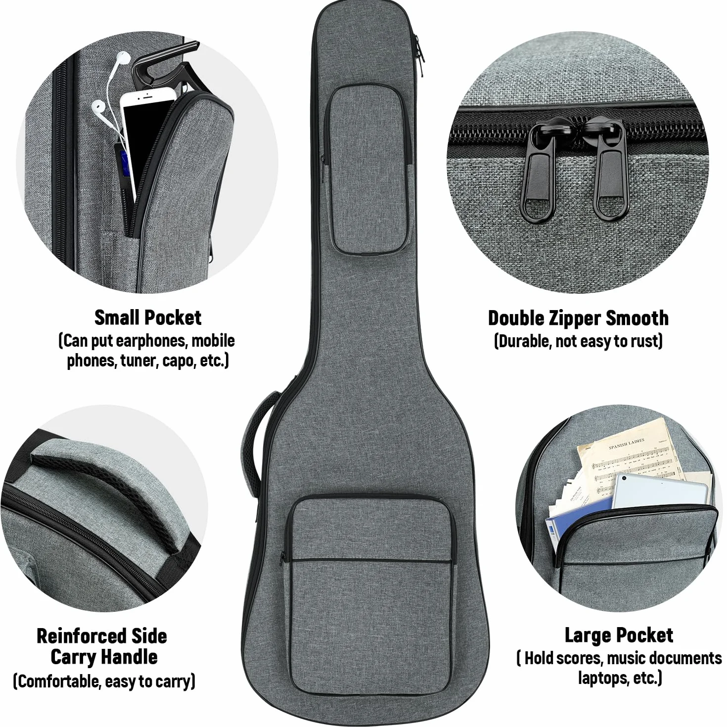 Custodia per chitarra elettrica, custodia imbottita per chitarra elettrica da 11 cm, impermeabile, con due tasche e tracolla regolabile, protezione per il collo, colore grigio