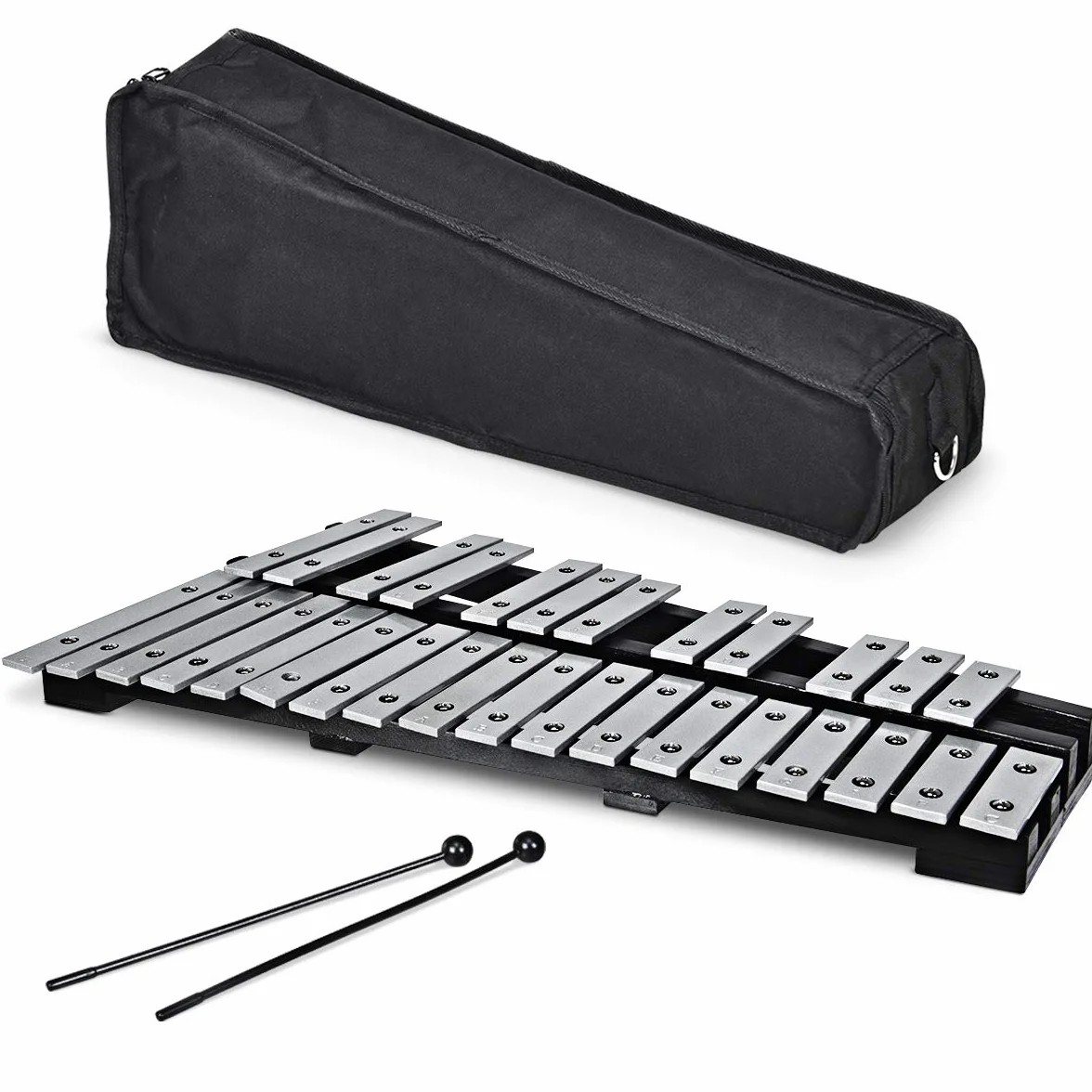 GOPLUS Xilofono con 30 Tasti, Metallofono Pieghevole con Borsa, Strumento Musicale a Percussione con Cornice di Legno, Perfetto per Studenti, Principiante e Amanti della Musica, Nero e Argento