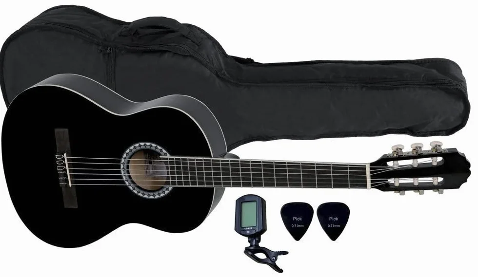 GEWA Chitarra classica, Chitarra Basic, corpo tiglio, tastiera in legno di pakka, meccaniche cromate, Set 3/4 nero, inclusa borsa, accordatore, plettri