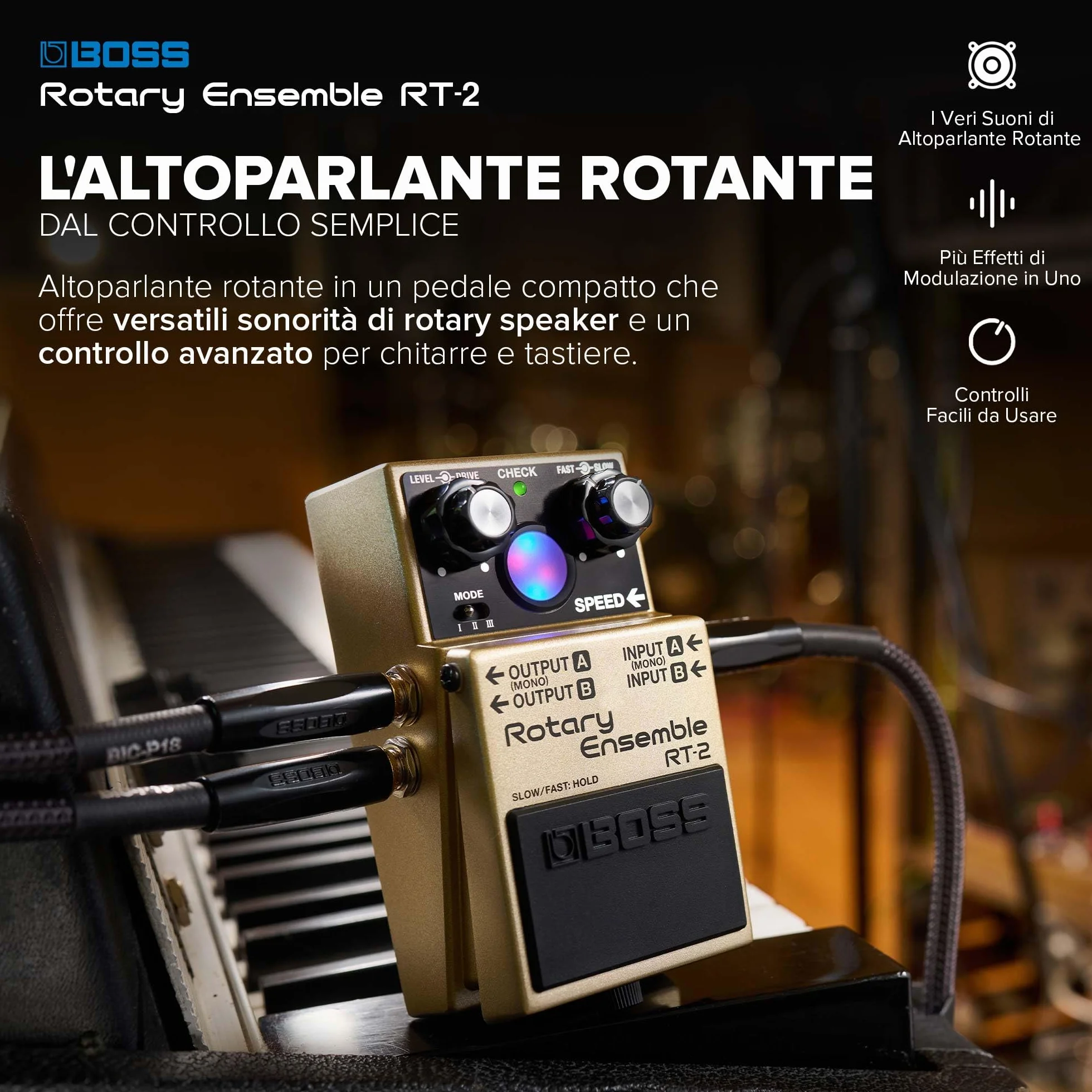 BOSS RT-2 | Pedale Compatto Rotary Ensemble | I veri suoni di altoparlante rotante | Dedicato alla chitarra e alle tastiere | 3 modalità versatili | Vari effetti di modulazione in uno