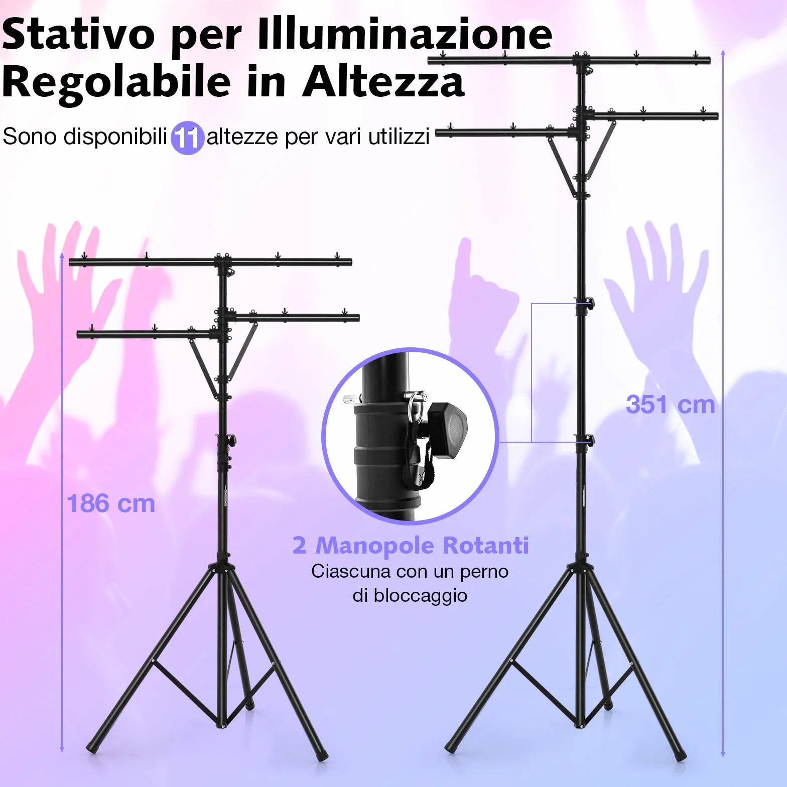 GYMAX Supporto Luci, con Traversa e Base a Tre Gambe, Fino a 8 Luci, Design Regolabile in Altezza, Materiale in Acciaio, 186-351 cm, Nero