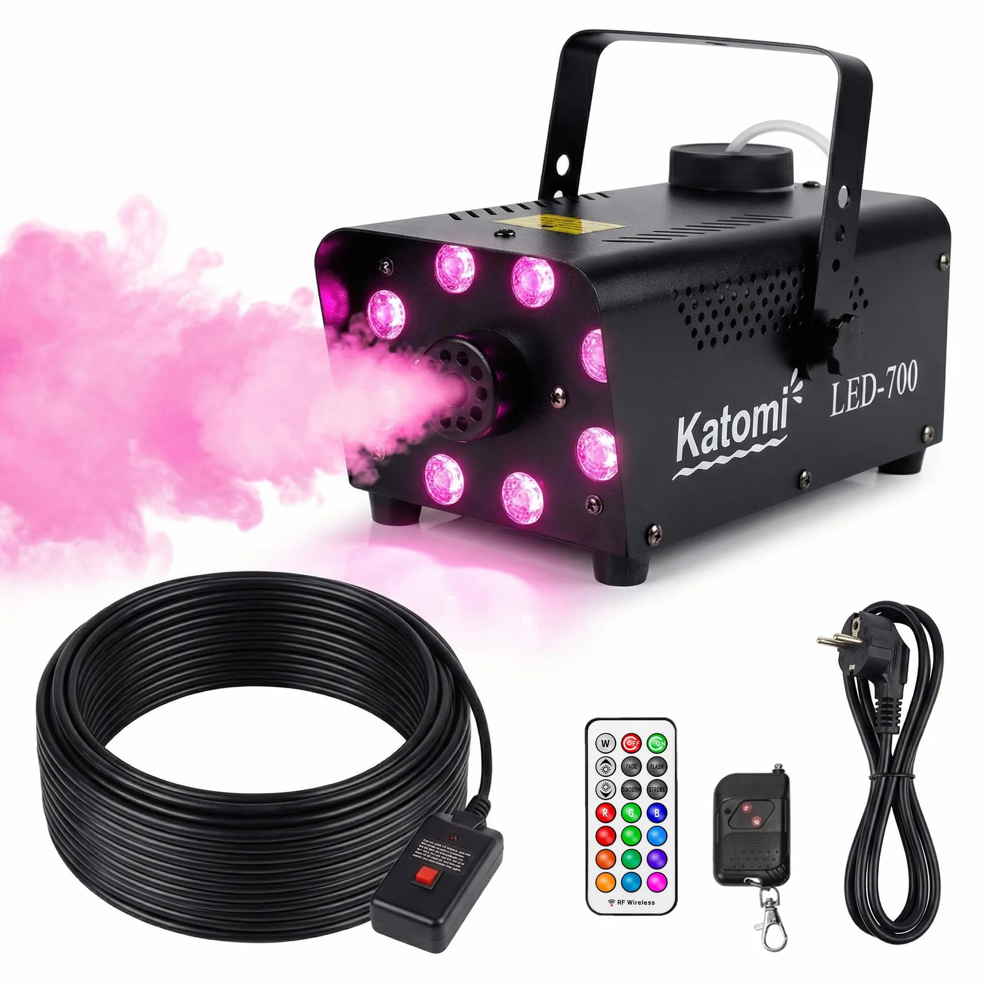 Macchina del Fumo 500W con 8 Luci LED RGB e Comando a Pedale (Cavo 3m),2 Telecomandi Wireless, Effetto Nebbia Portatile per Discoteca, DJ, Feste di Halloween, Matrimoni e Palco