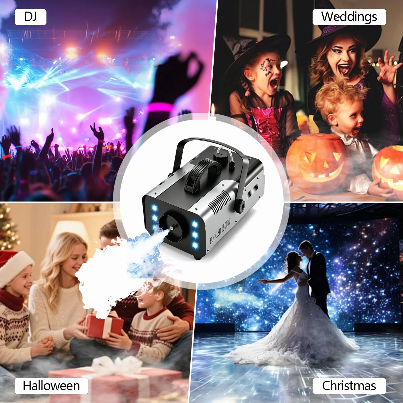 Macchina del fumo 1500W con 6 LED RGB e telecomando wireless, macchina nebbia con effetti luminosi per DJ, feste, Halloween, matrimonio, Natale e palco