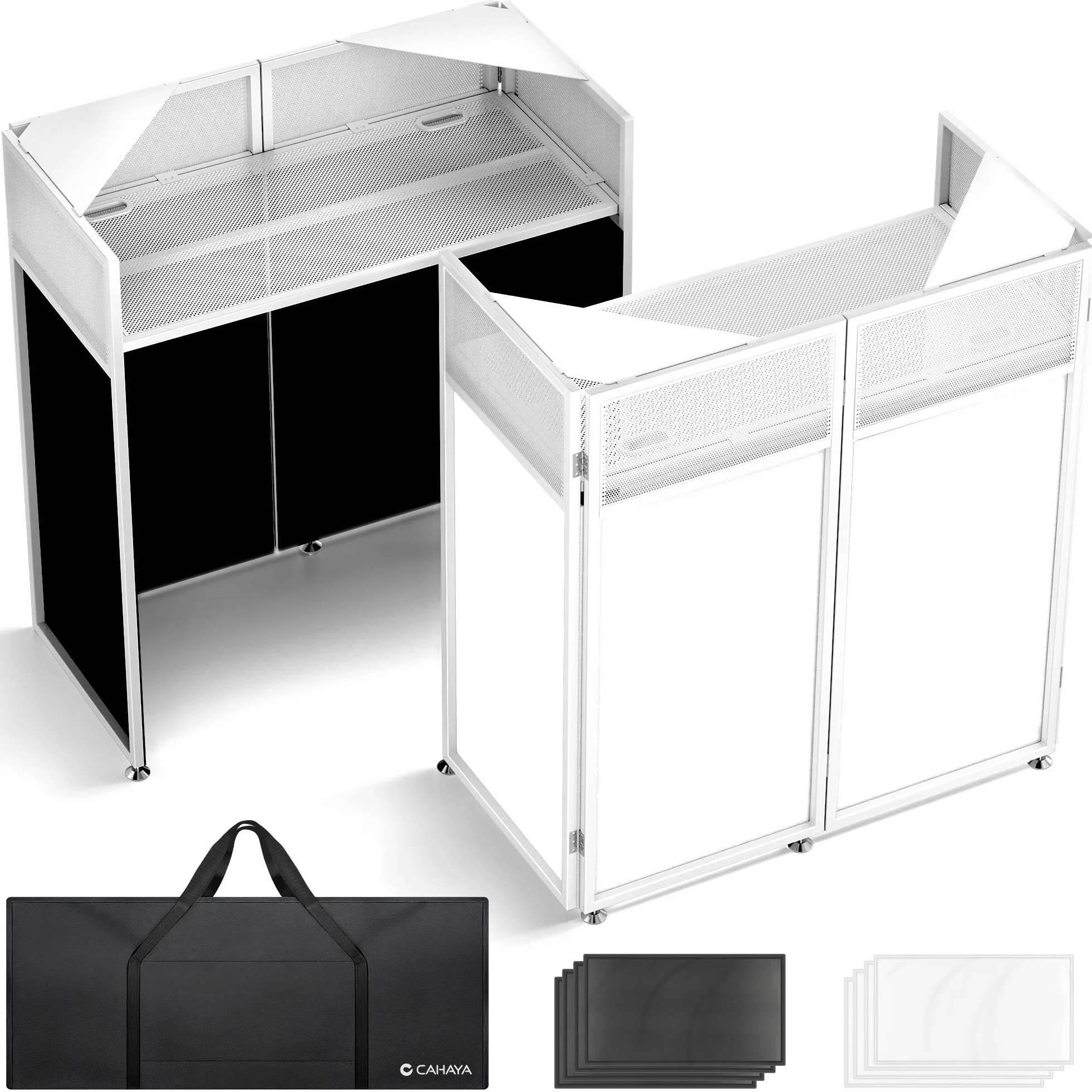 CAHAYA Tavolo da DJ portatile pieghevole – Professionale DJ Booth con pannelli in tessuto nero e bianco, robusto telaio in metallo, gestione dei cavi e borsa per il trasporto, workstation DJ per